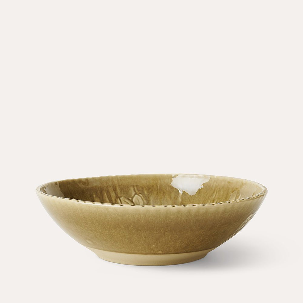 Sand coloured ceramic deep plate with a cracked glaze, 24cm across, crafted in Portugal for salads or fruit.