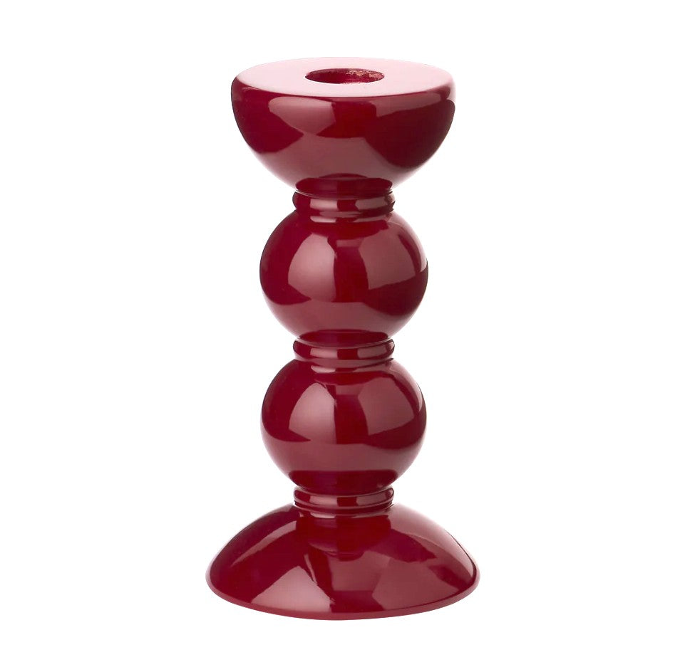 Cherry lacquered bobbin candlestick in solid rubber wood, high-gloss finish, fits standard dinner candles