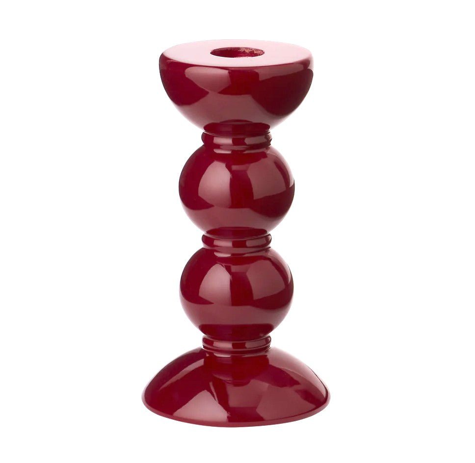Cherry lacquered bobbin candlestick in solid rubber wood, high-gloss finish, fits standard dinner candles
