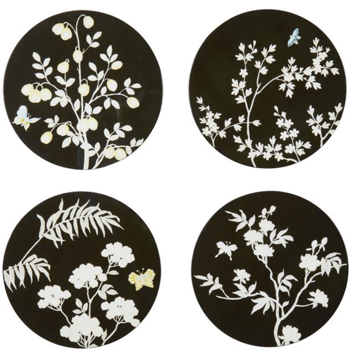 Set of four black lacquer chinoiserie coasters, 12 cm diameter, with high-gloss finish, gift boxed