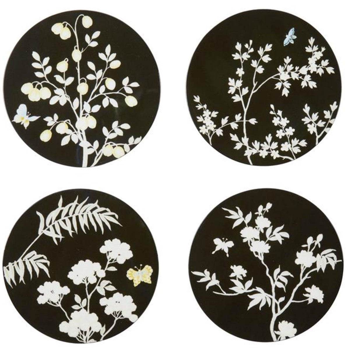 Set of four black lacquer chinoiserie coasters, 12 cm diameter, with high-gloss finish, gift boxed