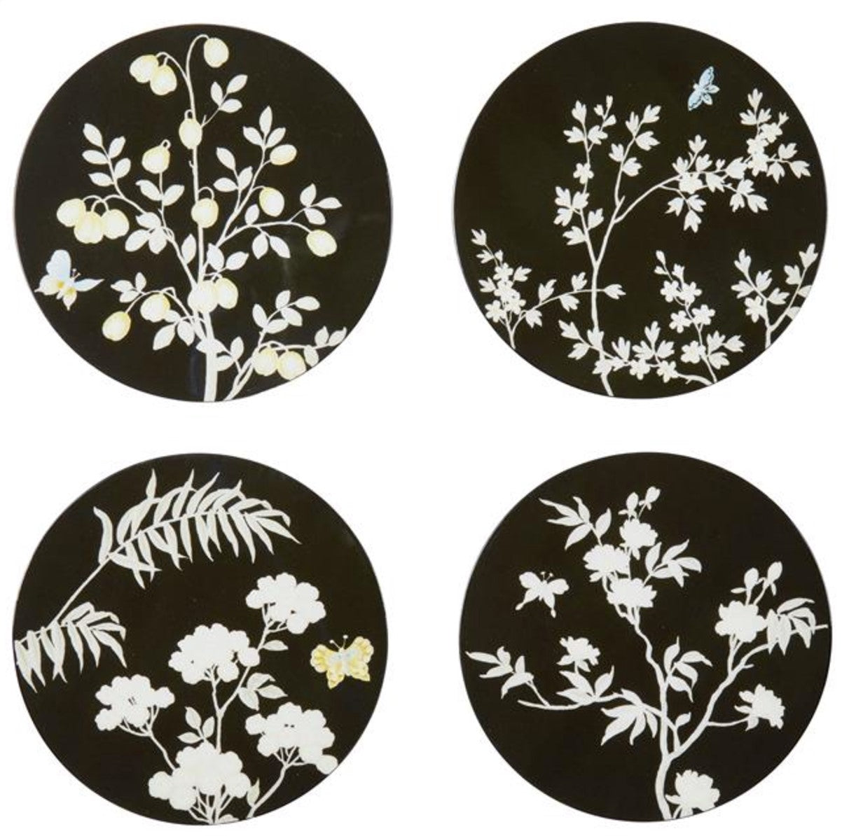 Set of four black lacquer chinoiserie coasters, 12 cm diameter, with high-gloss finish, gift boxed