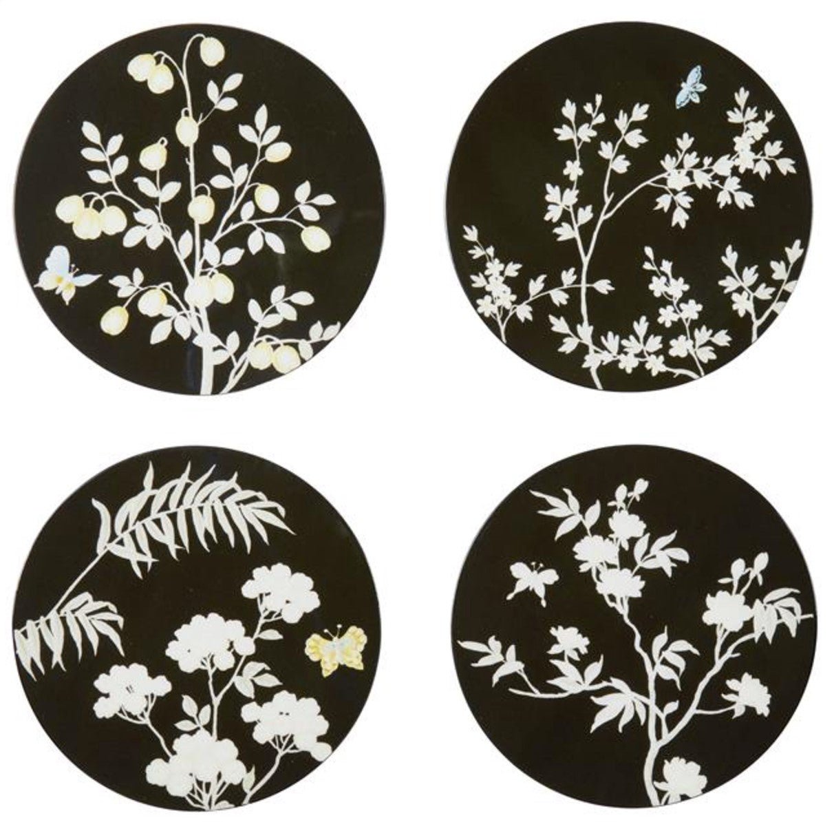 Set of four black lacquer chinoiserie coasters, 12 cm diameter, with high-gloss finish, gift boxed