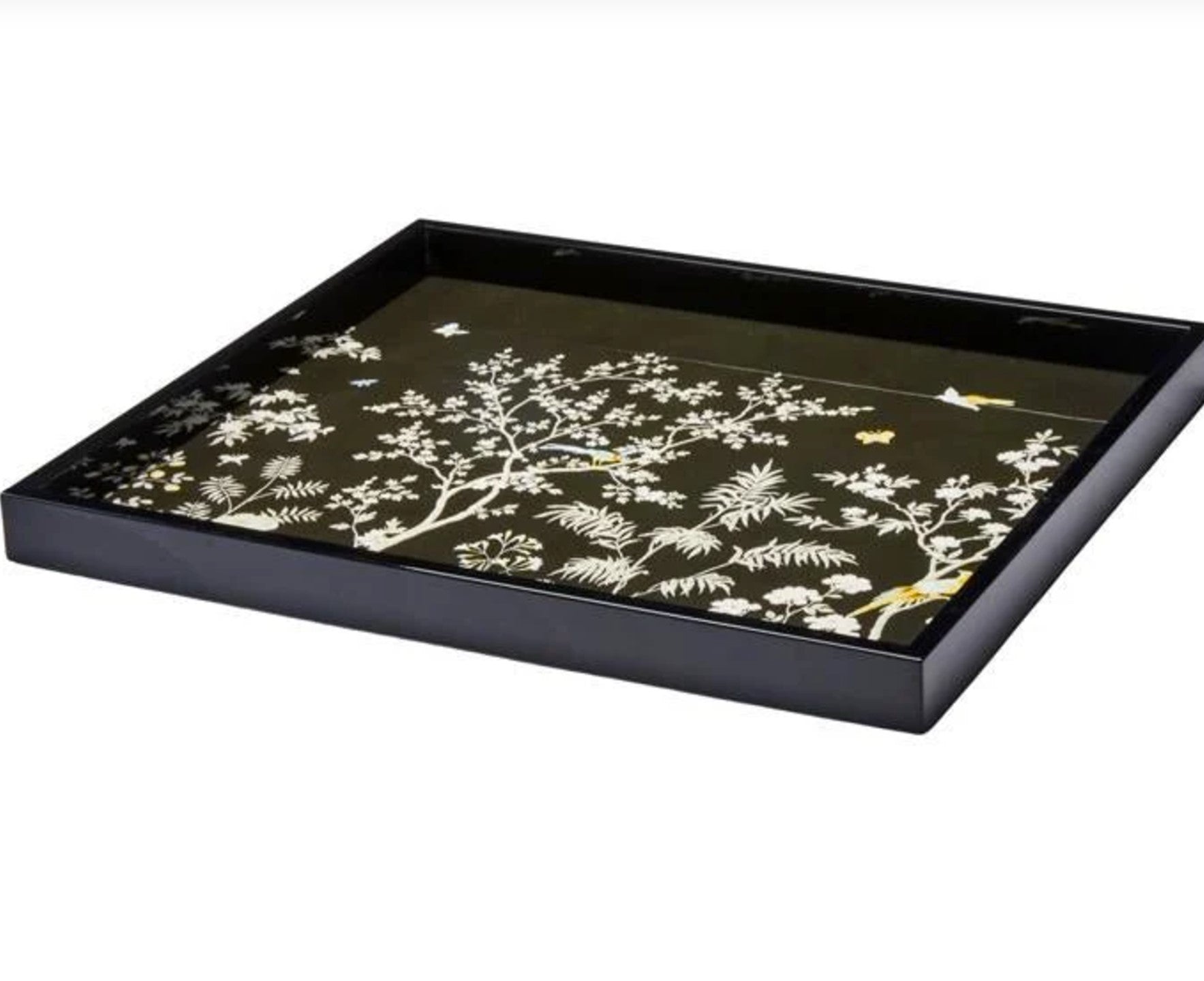 Black lacquer chinoiserie serving tray with high-gloss finish and velvet base, available in two sizes