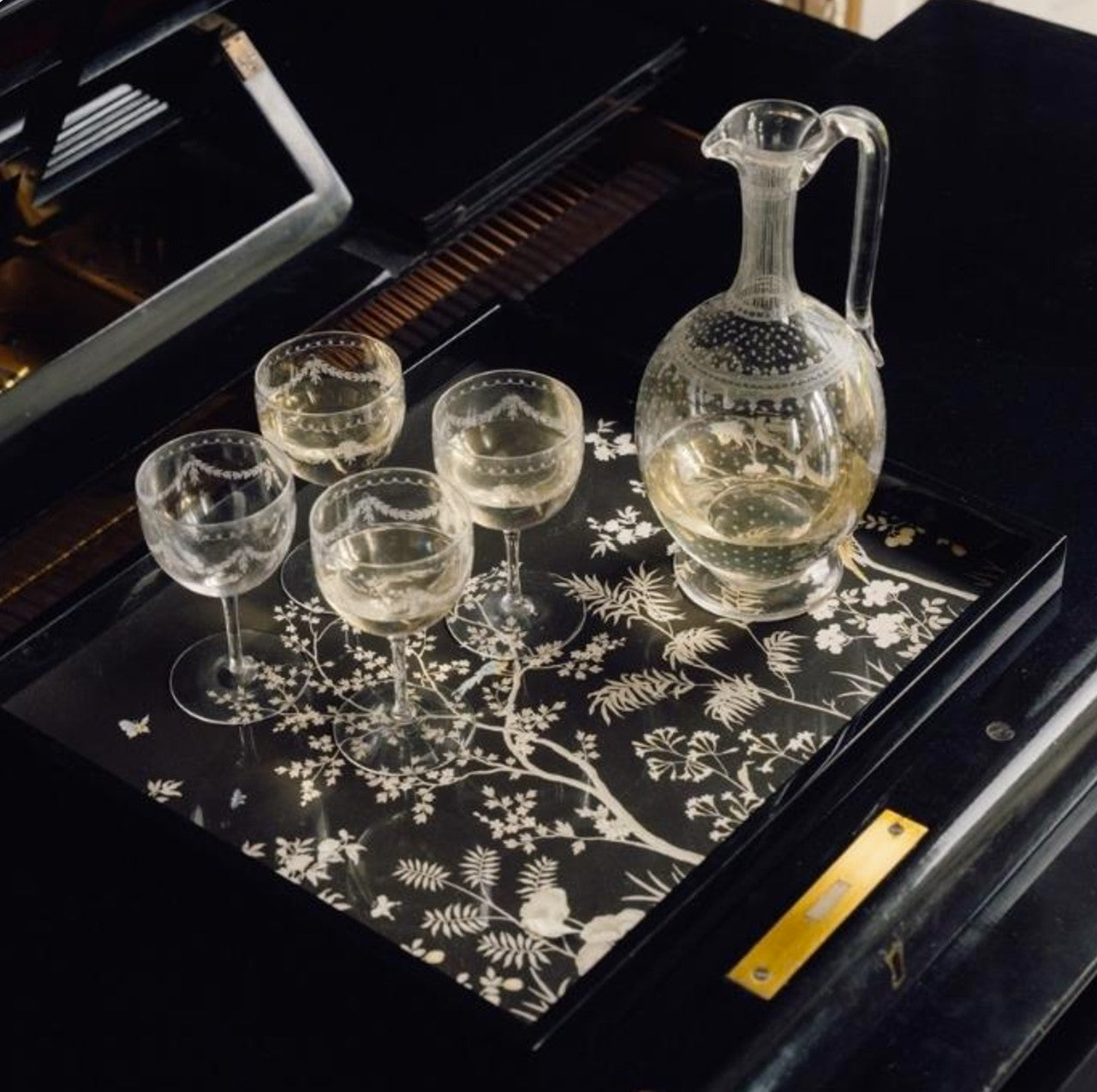 Black chinoiserie tray, limited edition from Inside Living, decorative serving tray with oriental motif, alternate view