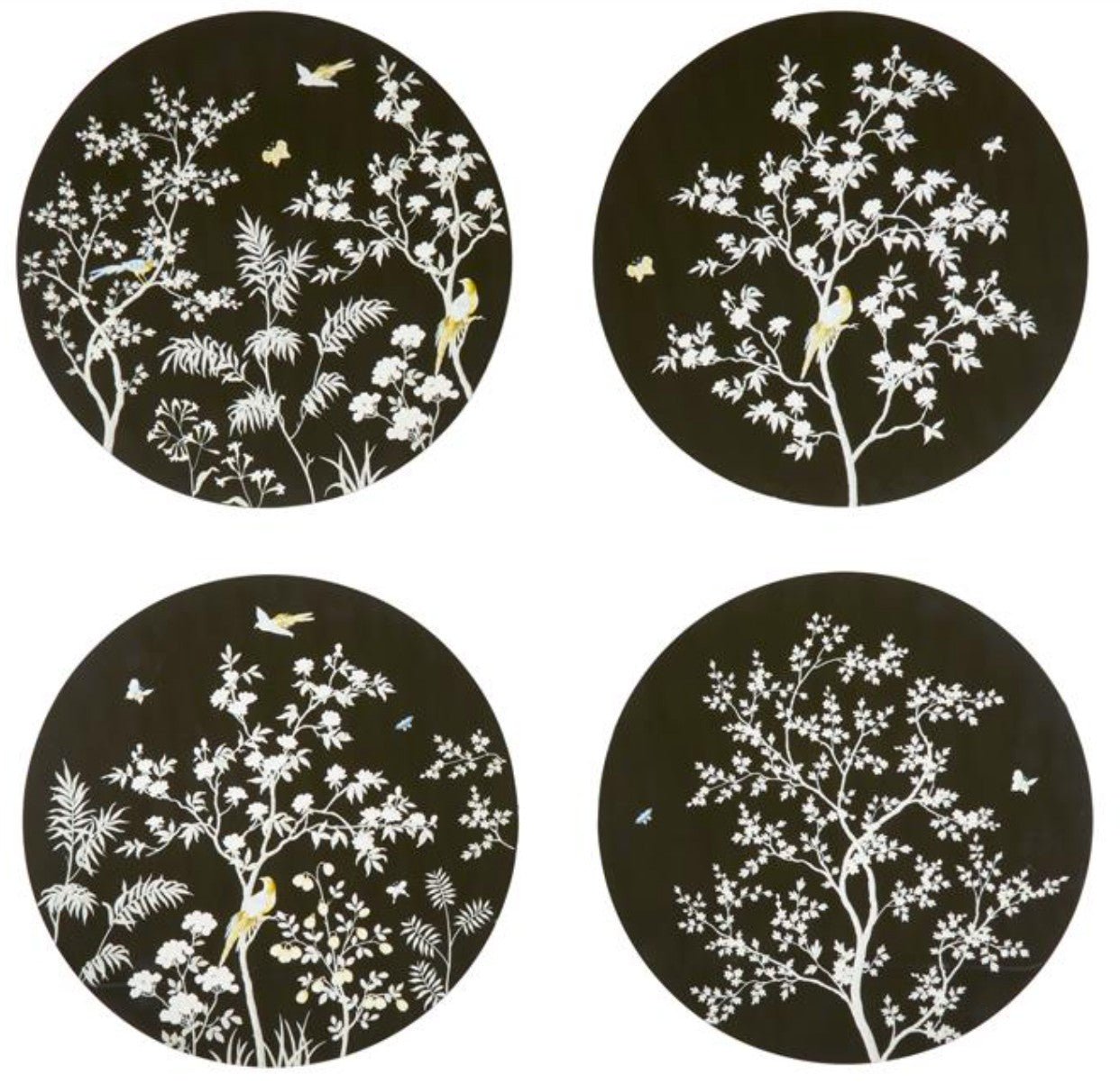 Set of four black lacquer chinoiserie placemats, 38 cm diameter, with high-gloss finish, gift boxed