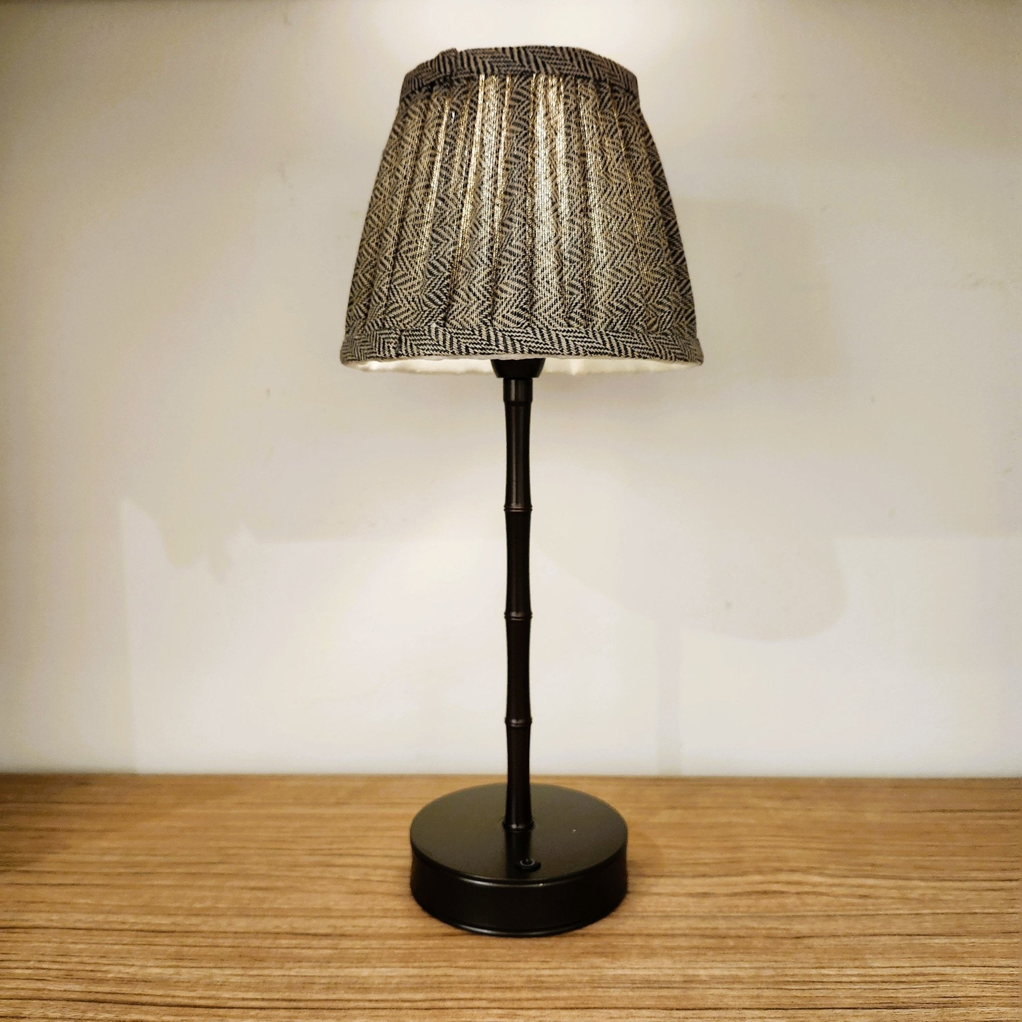 Bronze bamboo rechargeable table lamp, cordless portable light for indoor and outdoor use, styled view