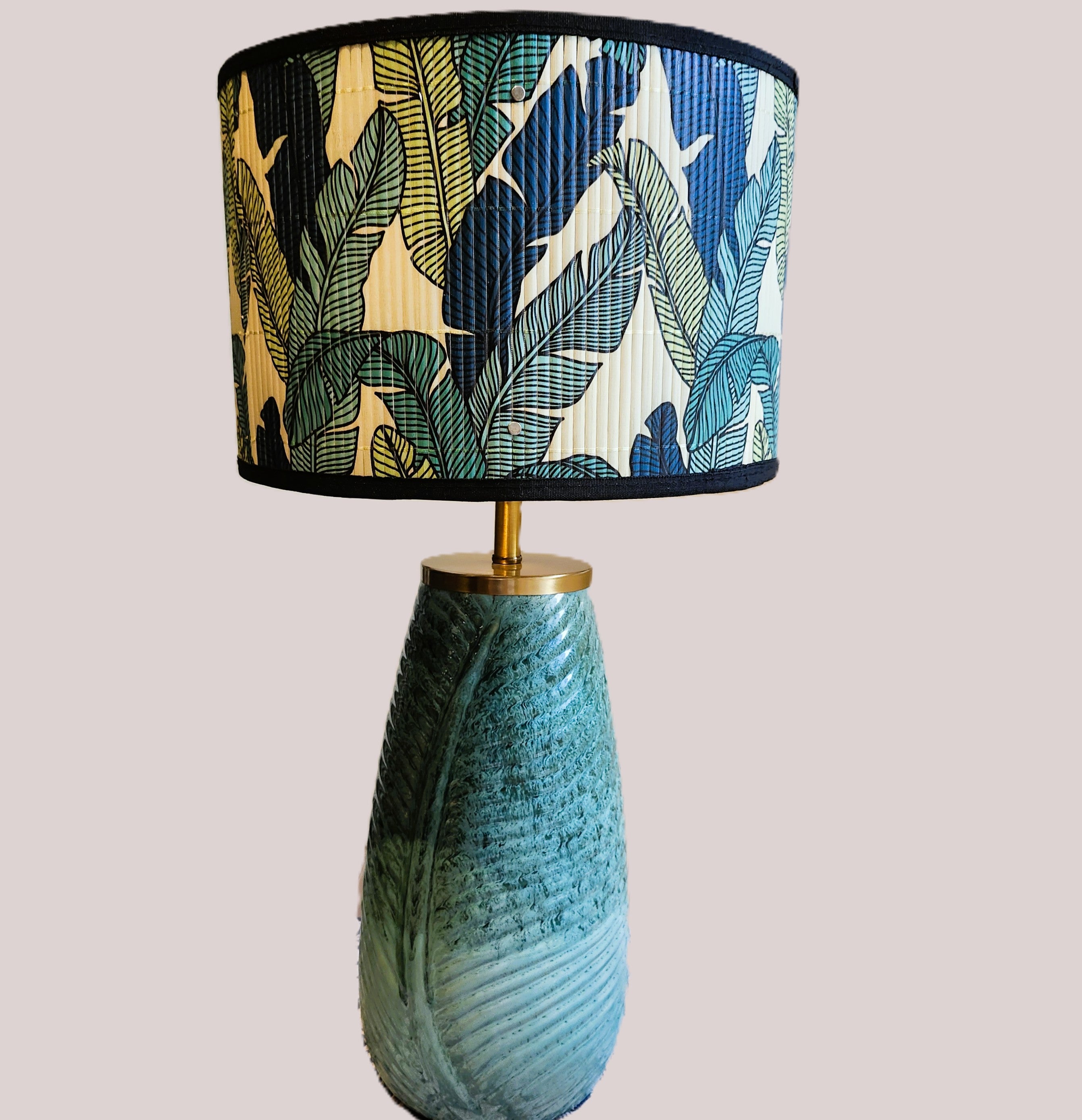 Annam Lamp Leaf Green with Bamboo Shade, decorative table lamp at Inside Living Singapore. Side view.