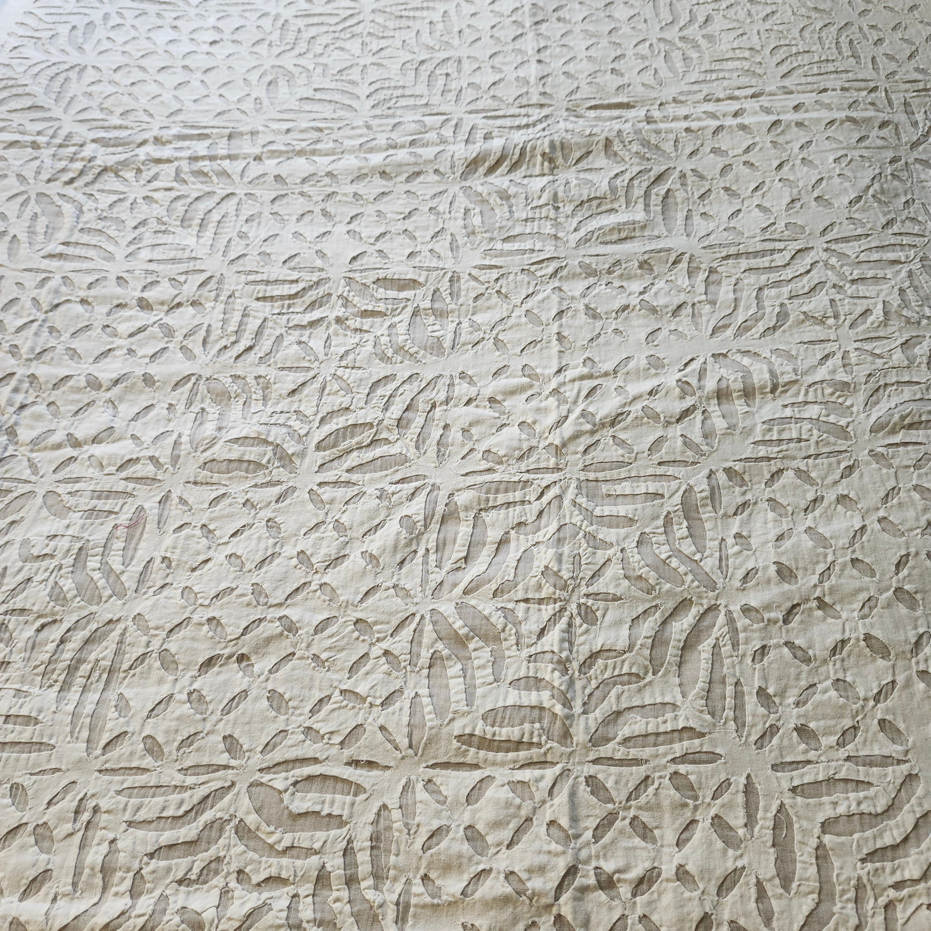 White cotton bedspread with organza applique, handmade decorative bedcover with delicate stitched detail, detail view
