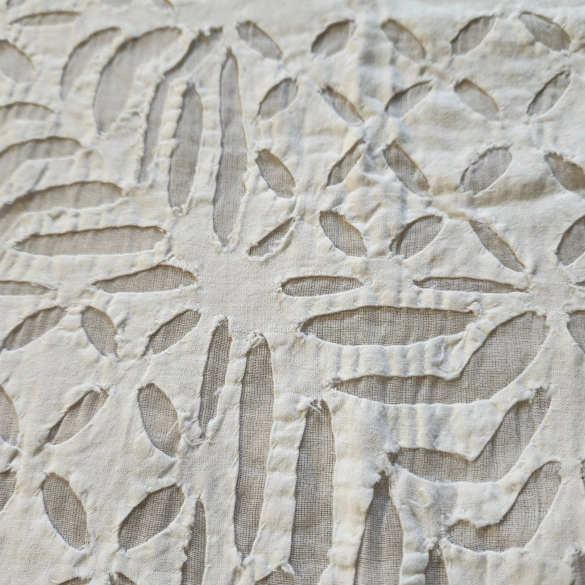 White cotton bedspread with organza applique, handmade decorative bedcover with delicate stitched detail