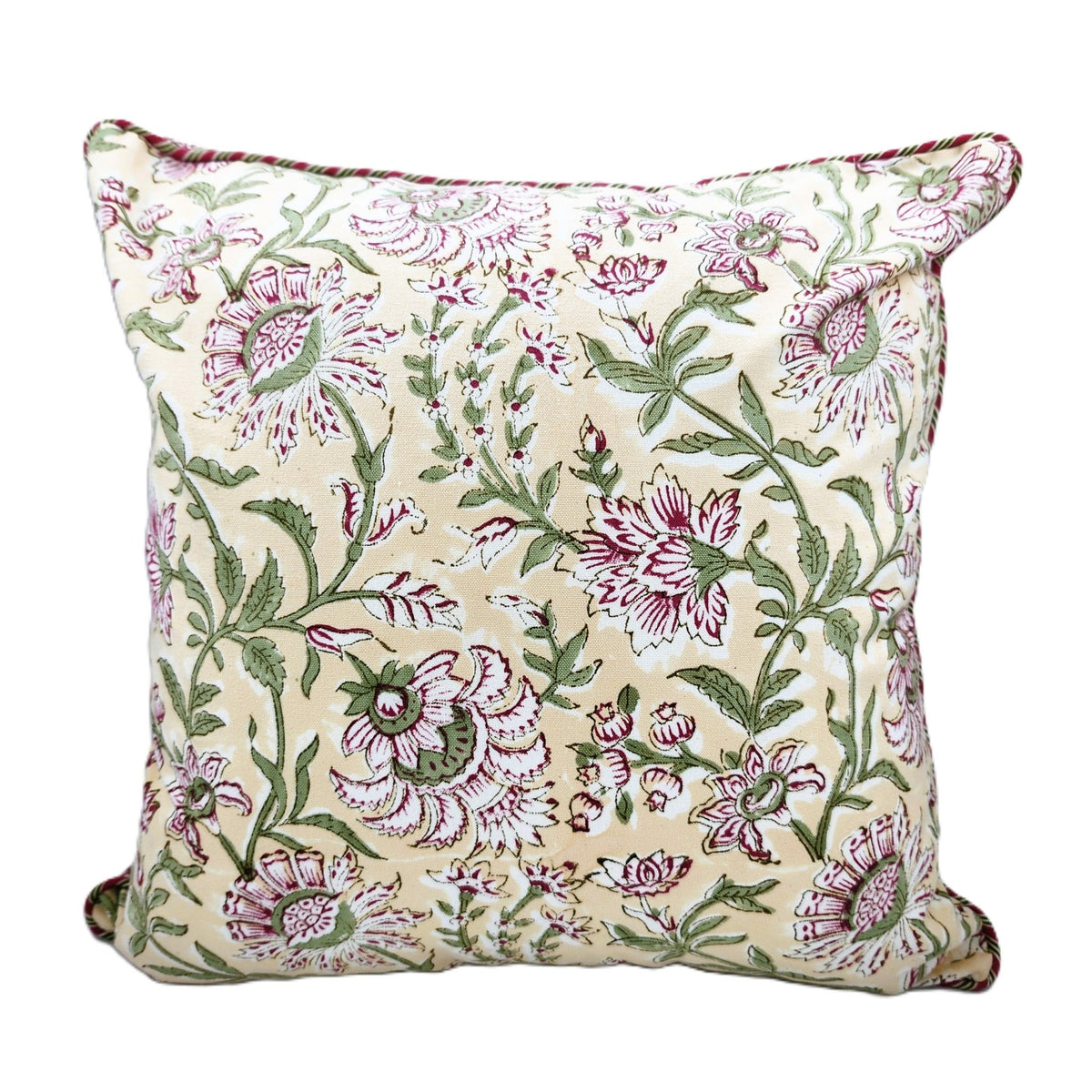 Square Summer block print cushion in cream and white with deep pink blooms, green foliage and striped piping