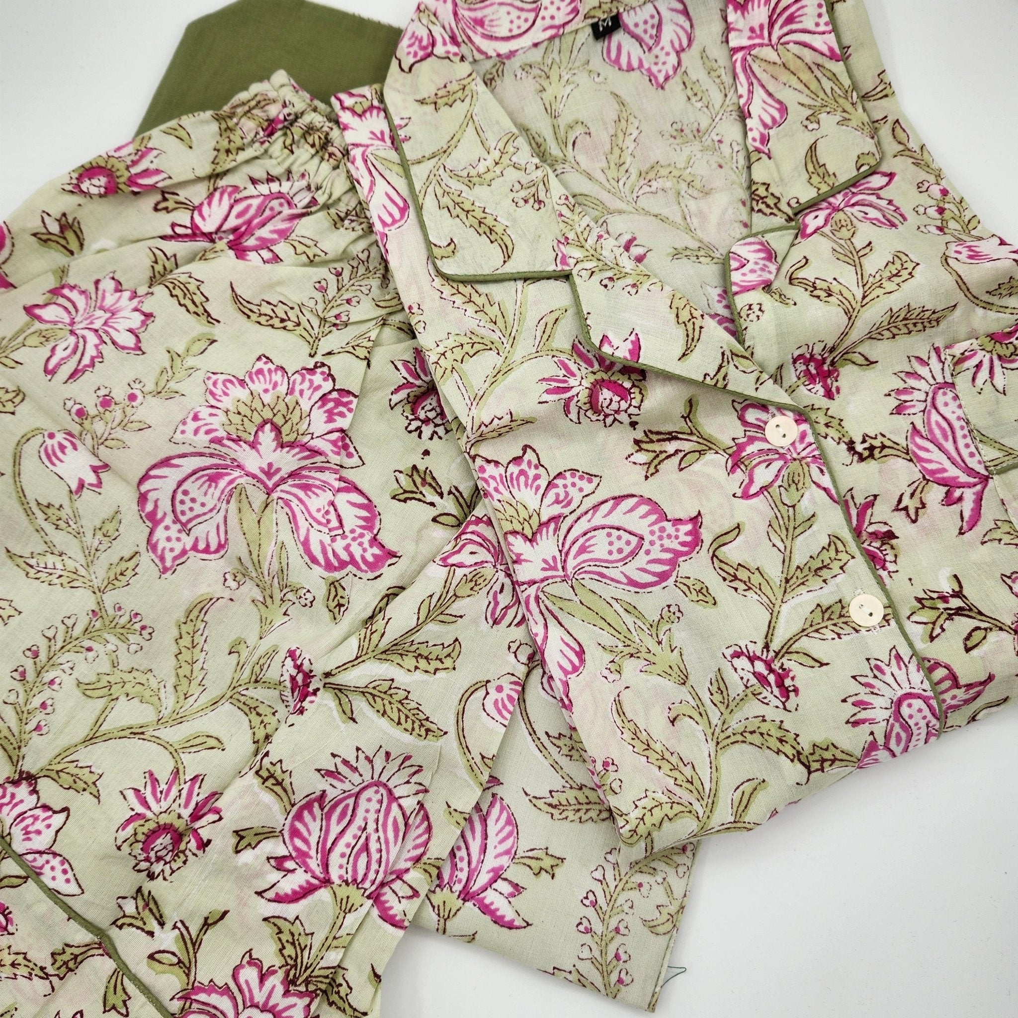 Block Print Pyjama Short Bauhinia, cotton sleepwear at Inside Living Singapore. Front view.