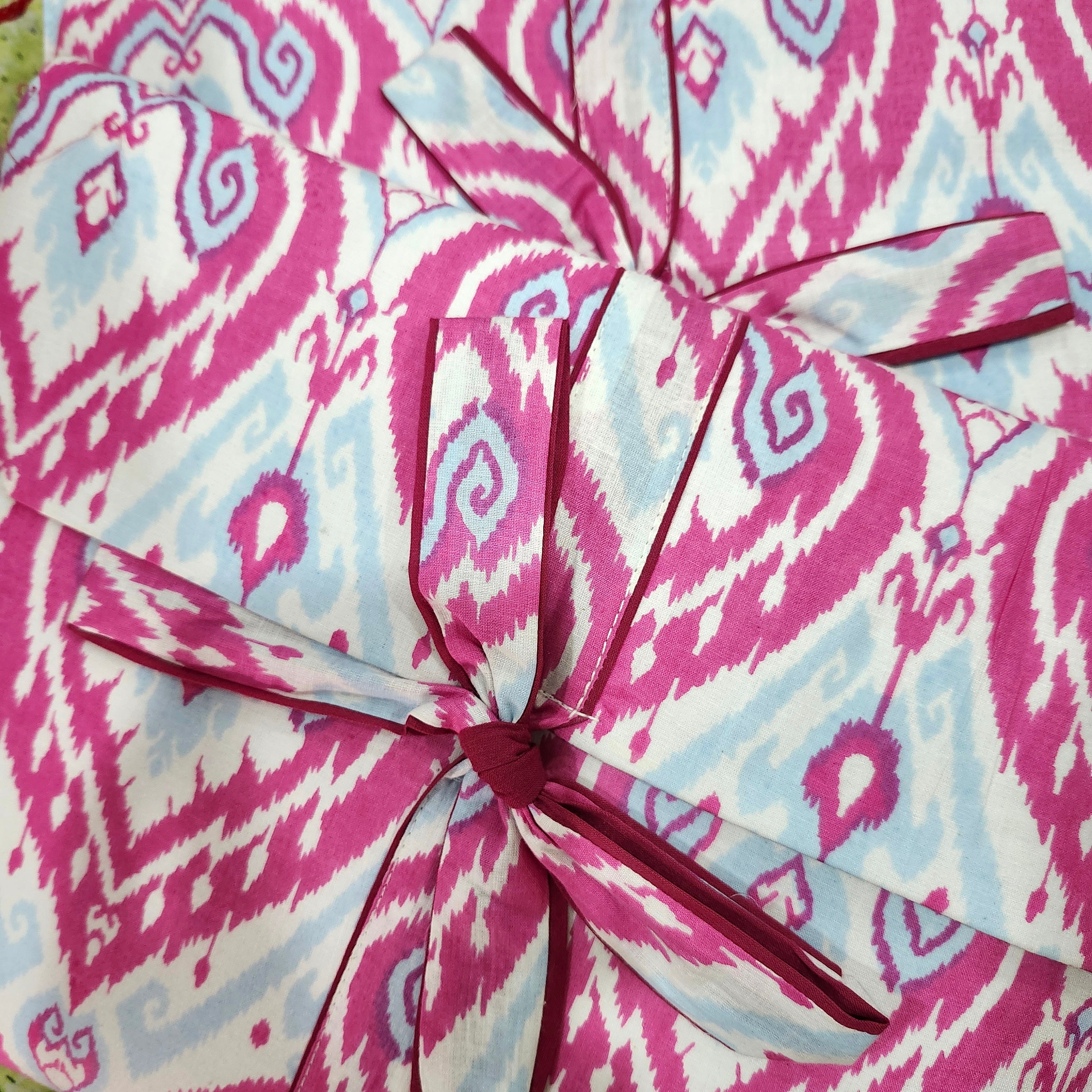 Block printed cotton long pyjama set in assorted prints, long-sleeved top and drawstring trousers, sizes M and L