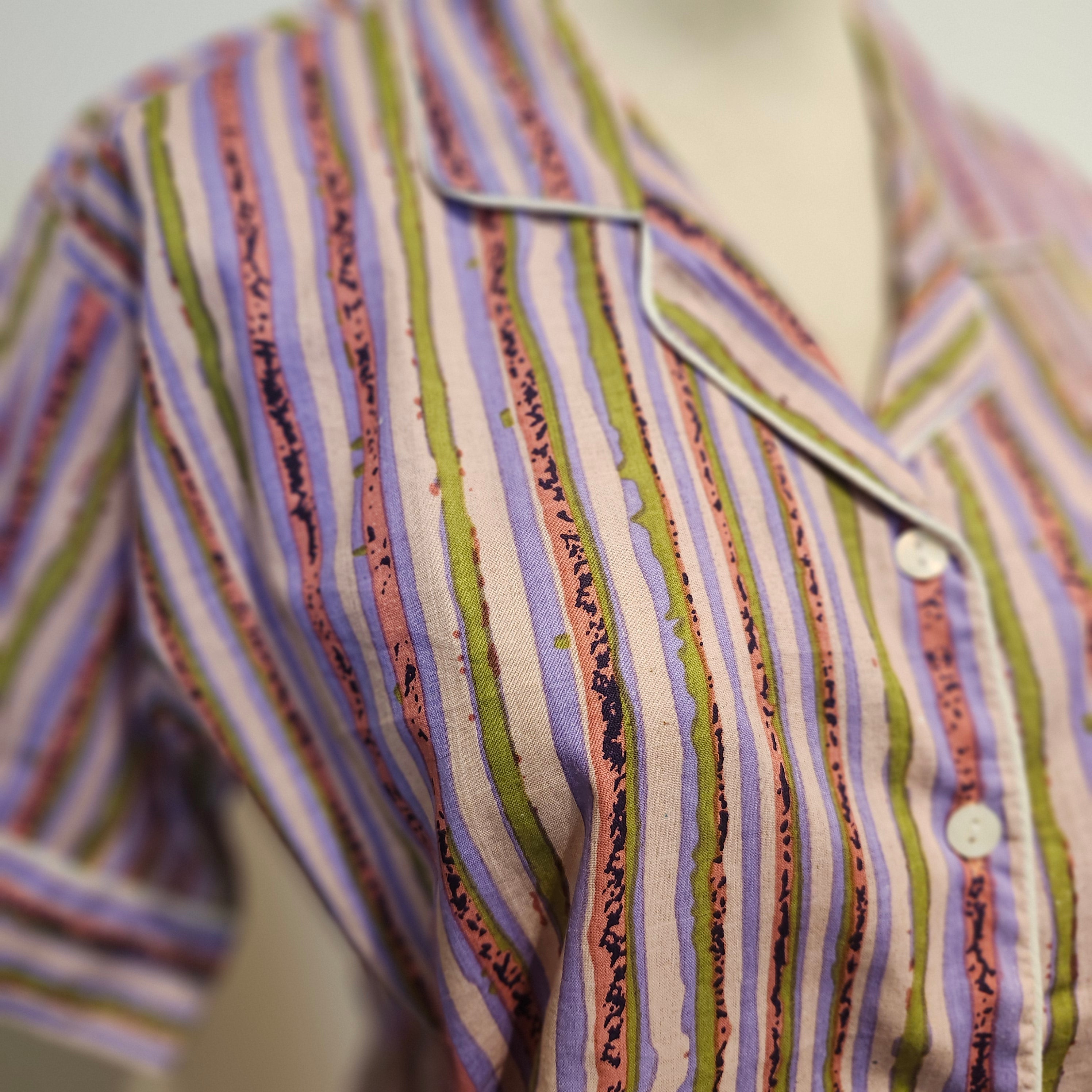 Block Print Pyjama Short Pink & Green Stripe, available at Inside Living Singapore, styled in a home setting.