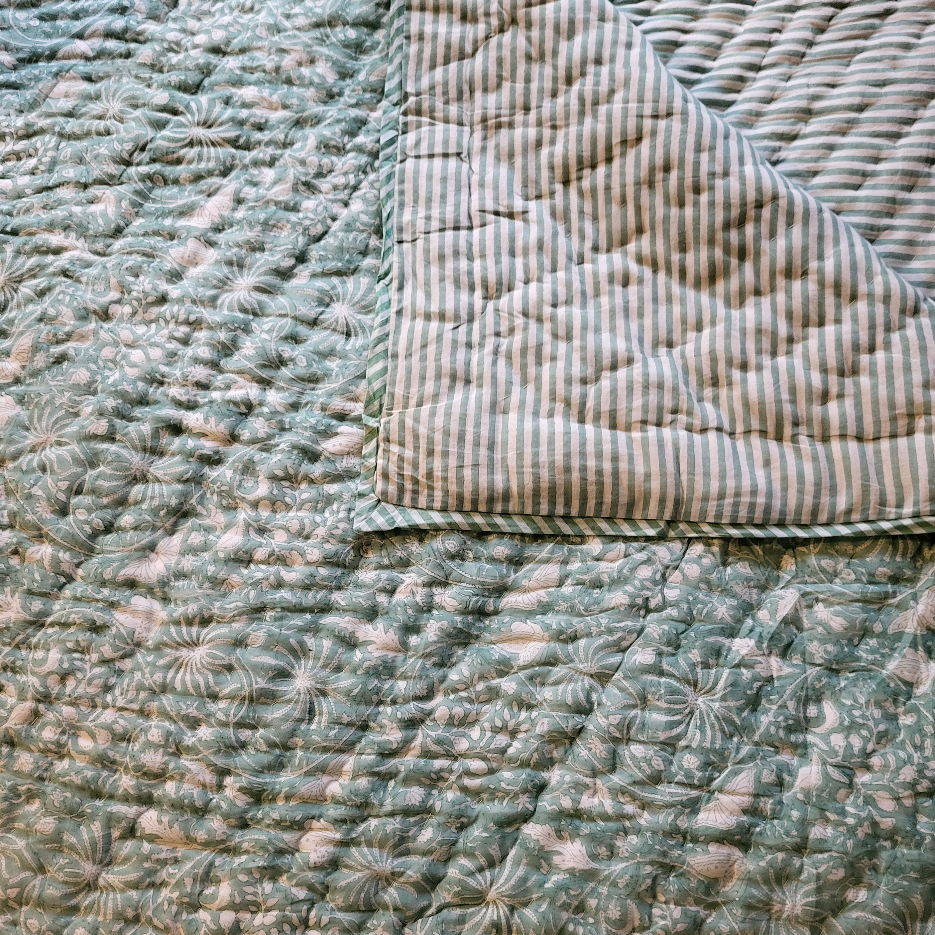 Block Print Quilt Rainforest King: block-printed cotton quilt for the bedroom, from Inside Living Singapore.