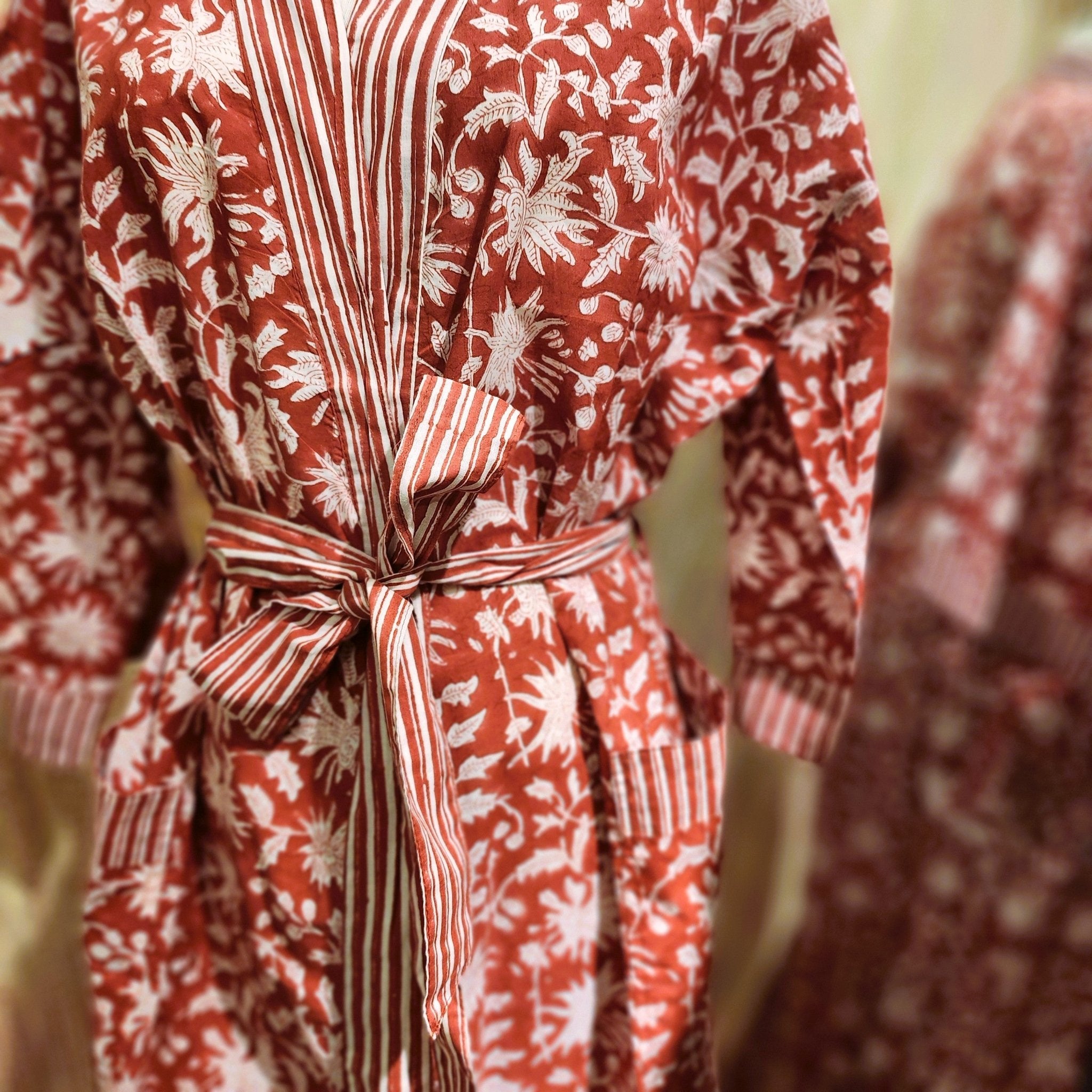 Cotton block print robe in festive red, handmade lightweight dressing gown with hand-printed pattern, alternative view