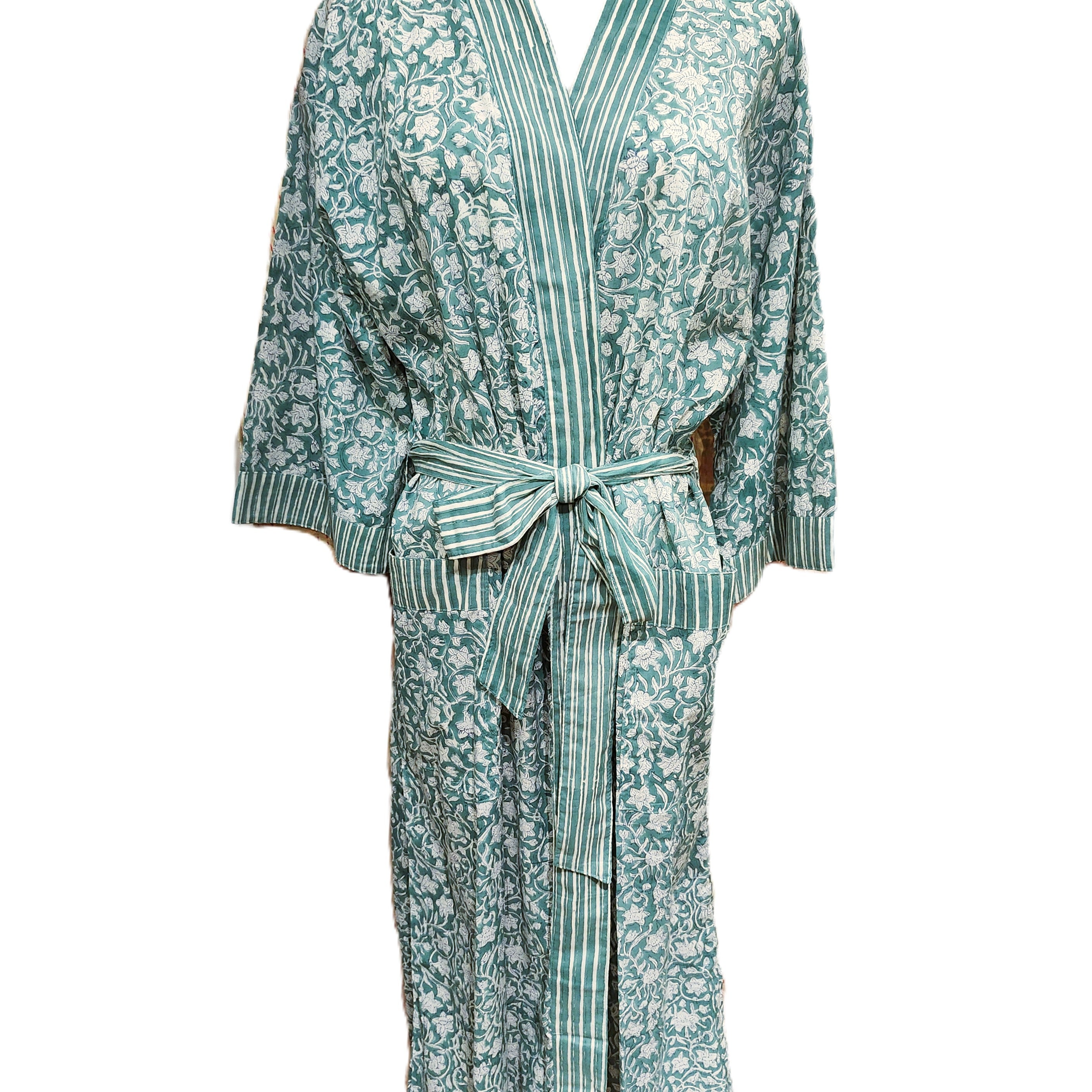Cotton block print robe in floral green, handmade lightweight dressing gown with hand-printed pattern, alternative view