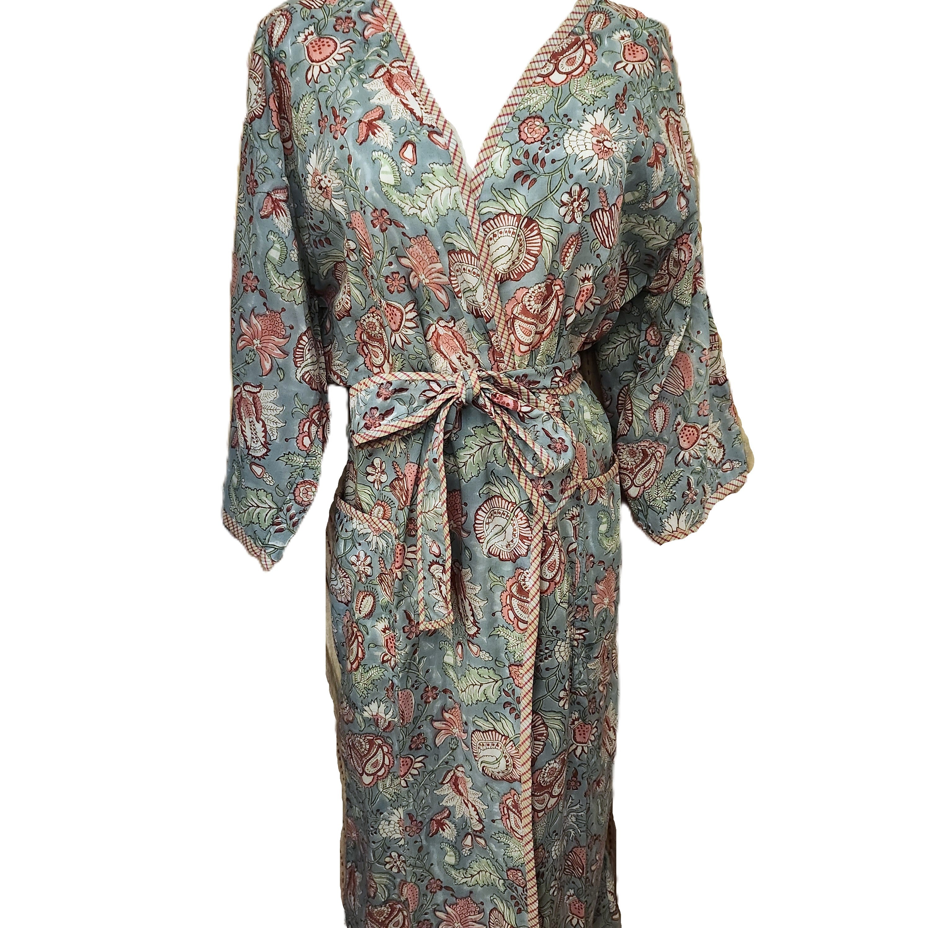 Cotton block print robe in hibiscus design, handmade lightweight dressing gown with hand-printed pattern, alternative view