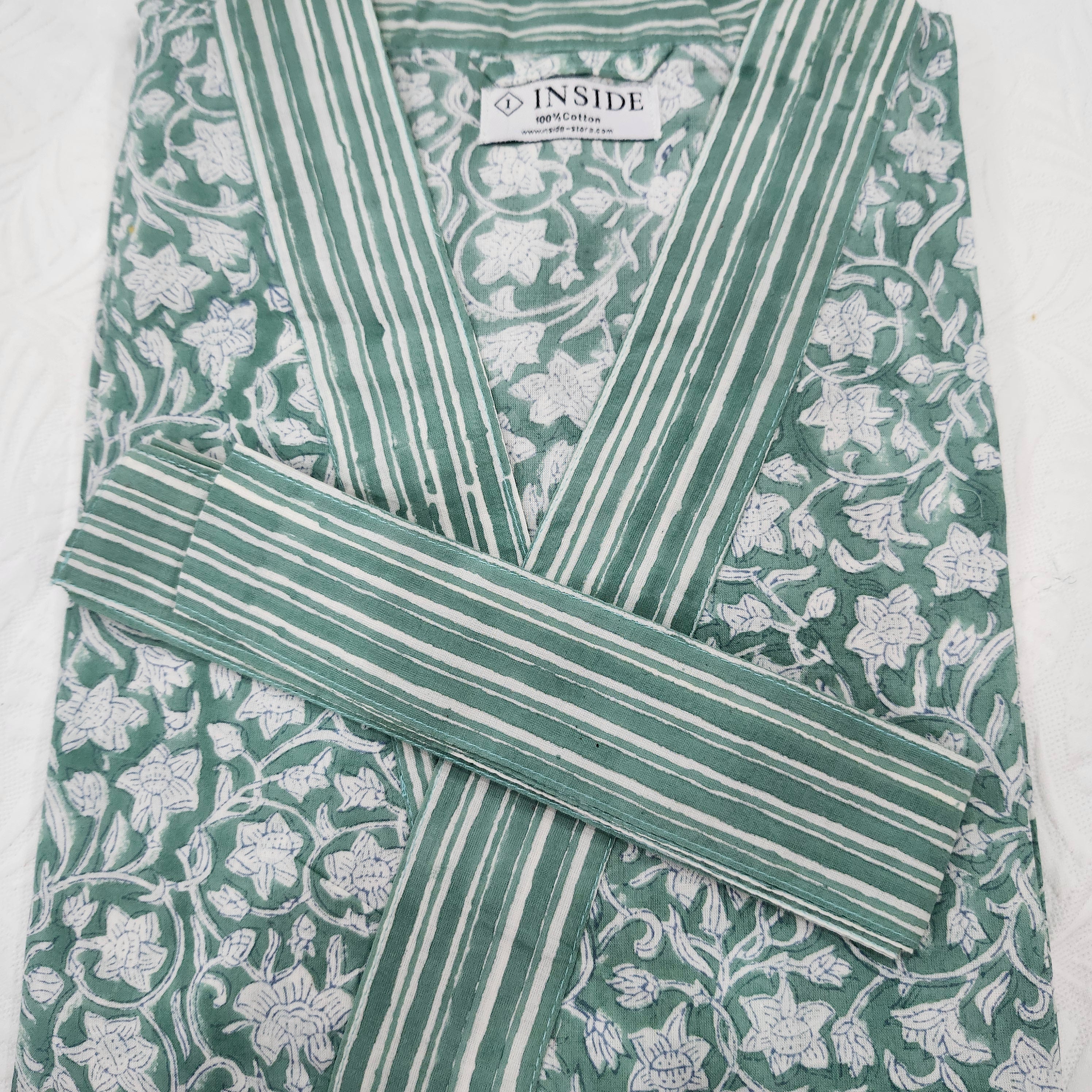 Cotton block print robe in floral green, handmade lightweight dressing gown with hand-printed pattern, detail view