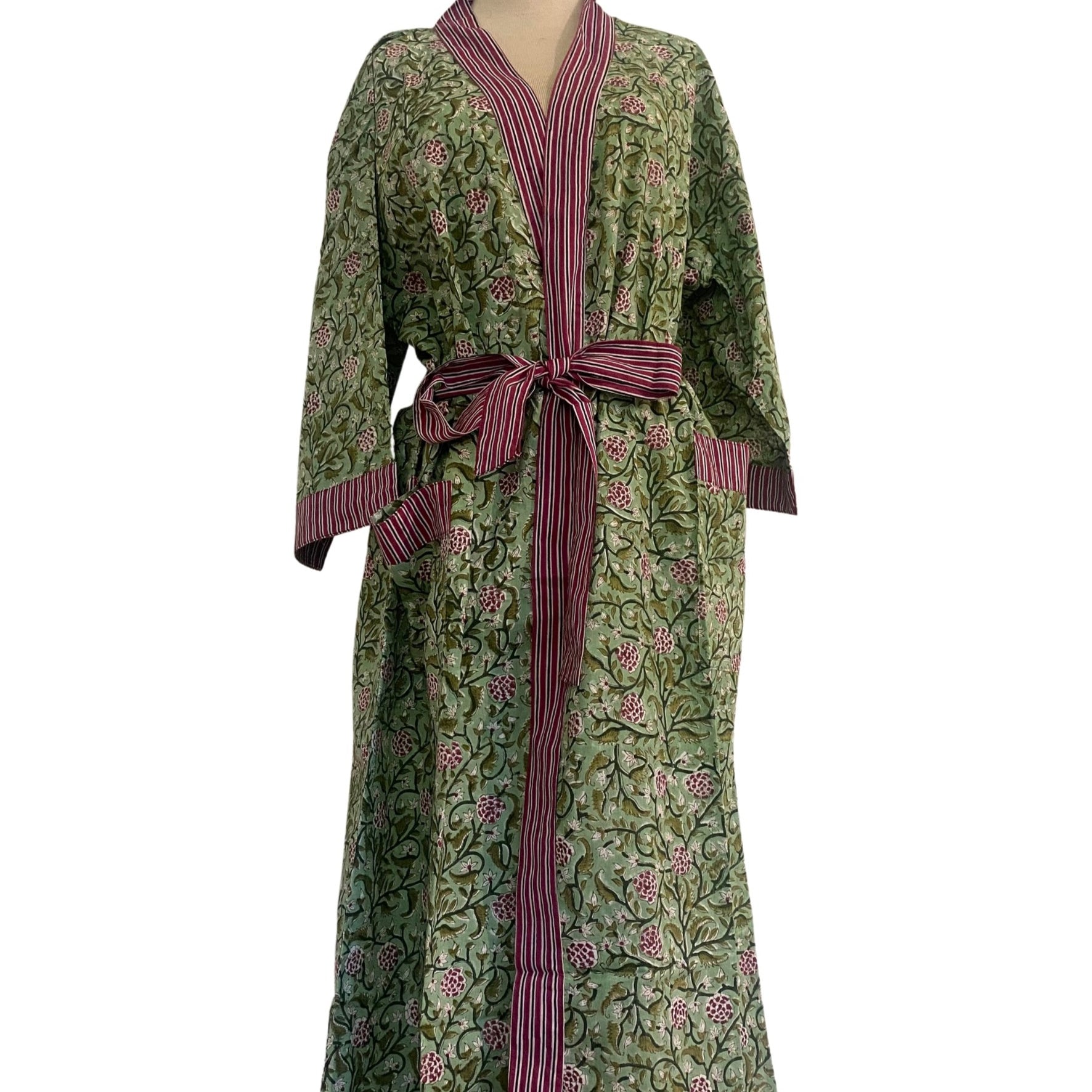 Robe Cotton Block Print Floral Sage from Inside Living Singapore, bath & body. Shown alternative angle.
