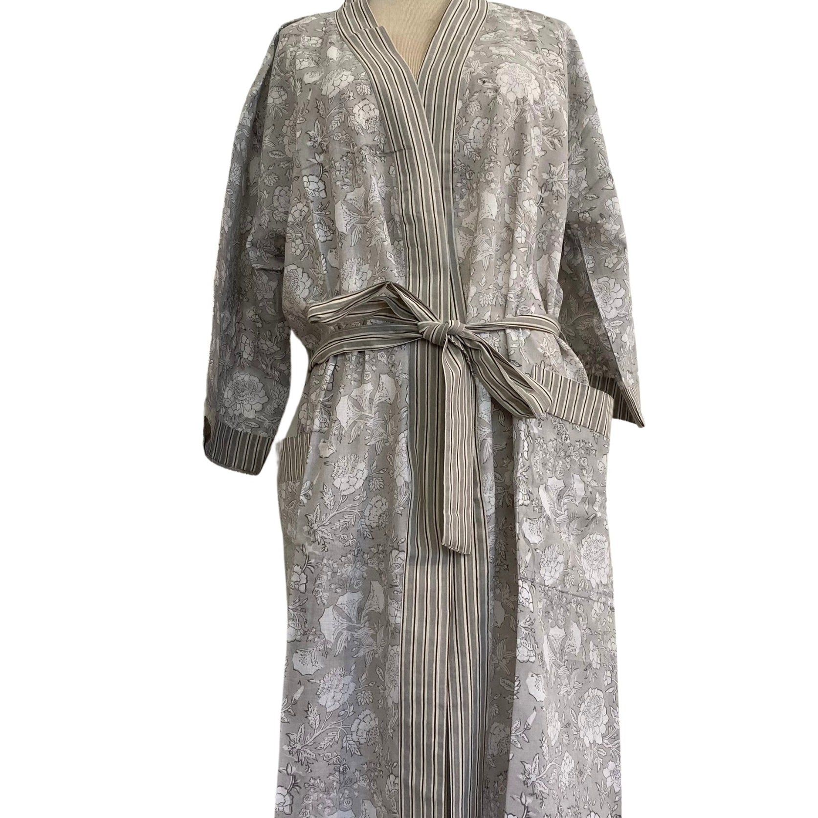 Robe Cotton Block Print Floral Taupe from Inside Living Singapore, bath & body. Shown alternative angle.