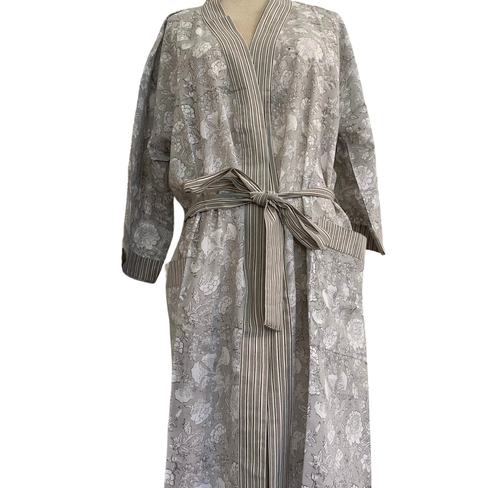 Robe Cotton Block Print Floral Taupe from Inside Living Singapore, bath & body. Shown alternative angle.