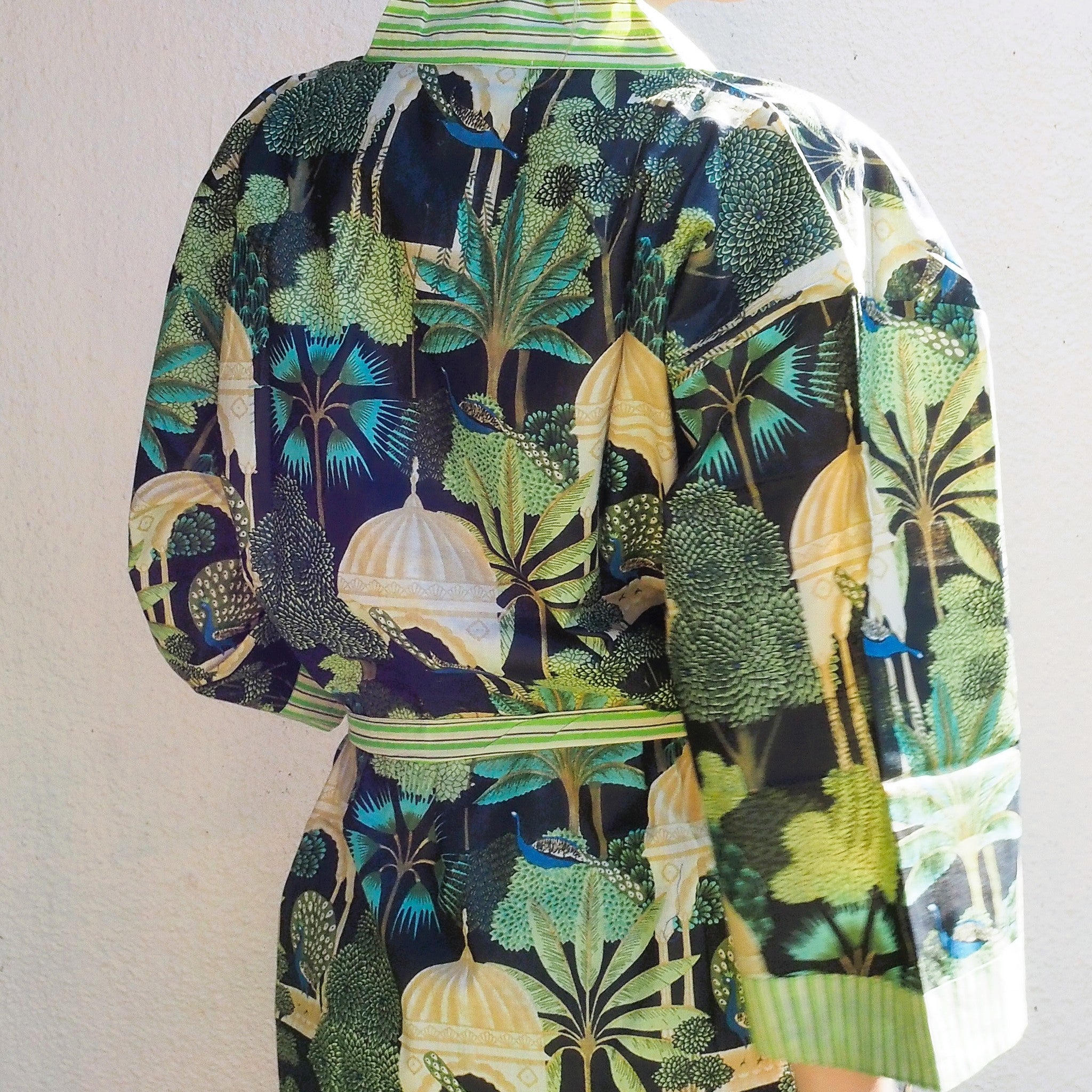 Robe Cotton Block Print Paradise Black from Inside Living Singapore. Shown styled in a home setting.