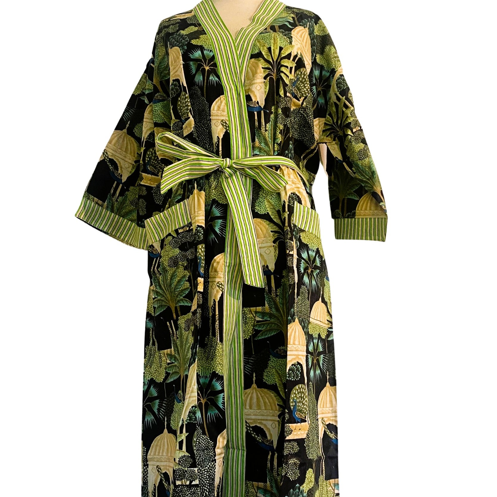 Robe Cotton Block Print Paradise Black from Inside Living Singapore. Shown close-up detail.