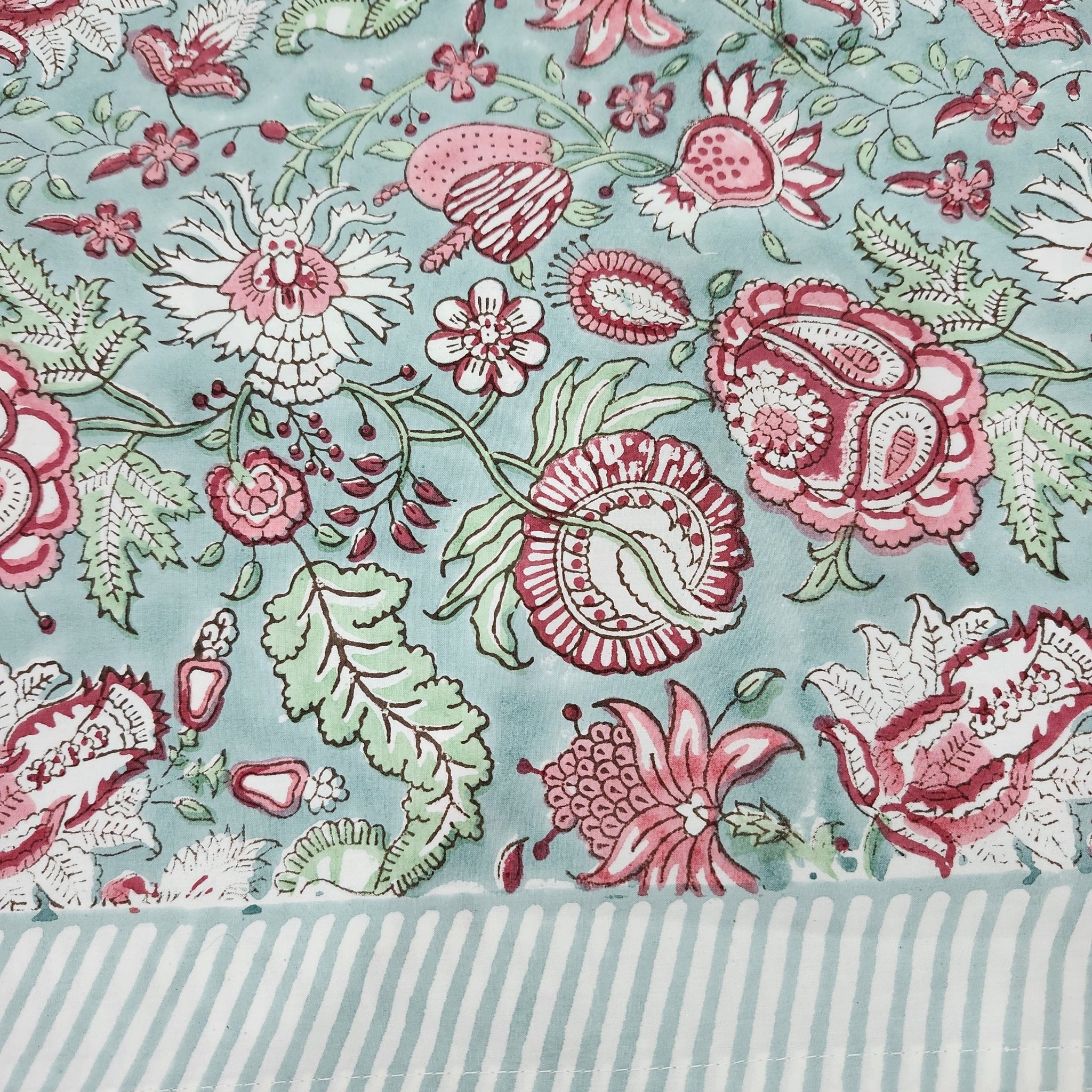 Block print cotton tablecloth in hibiscus design, handmade hand-printed cloth for the dining table