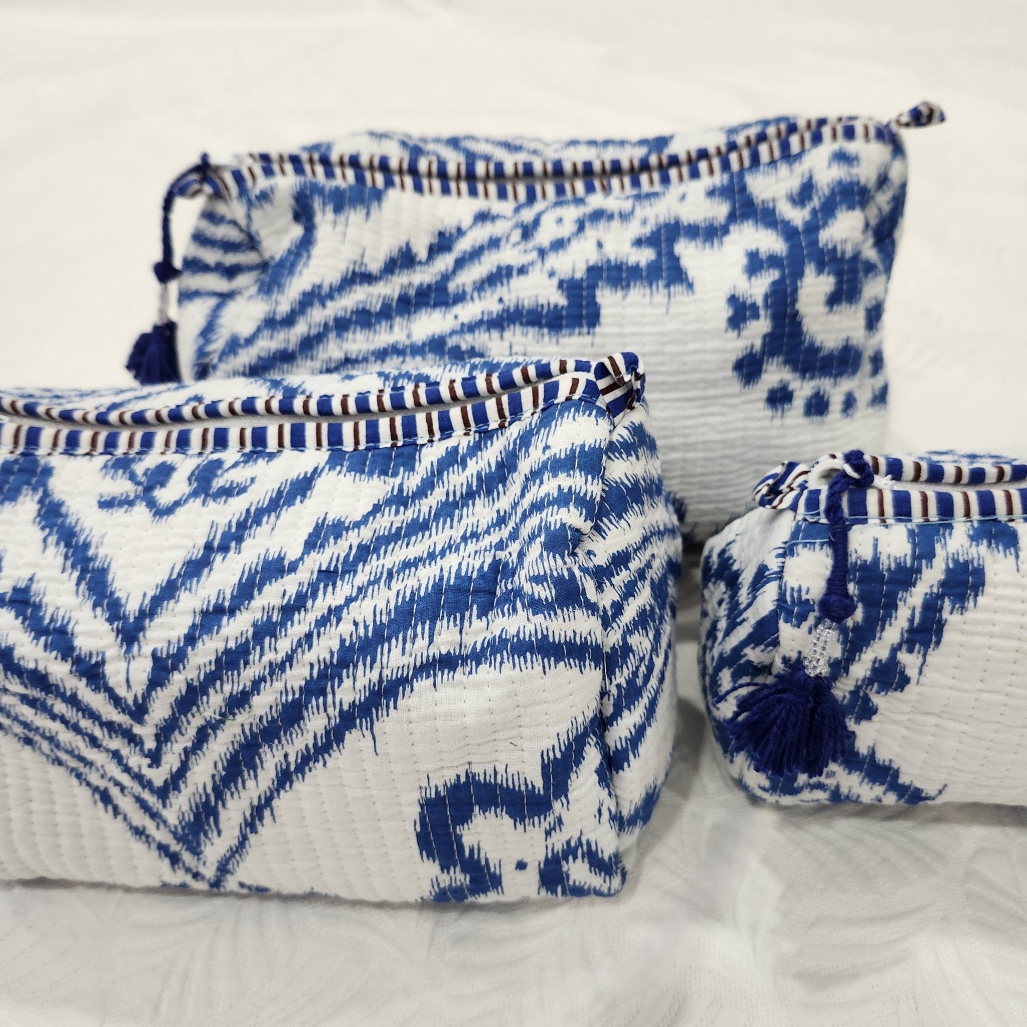 Block print cotton wash bag in ikat pattern, handmade toiletry and travel pouch for bathroom essentials