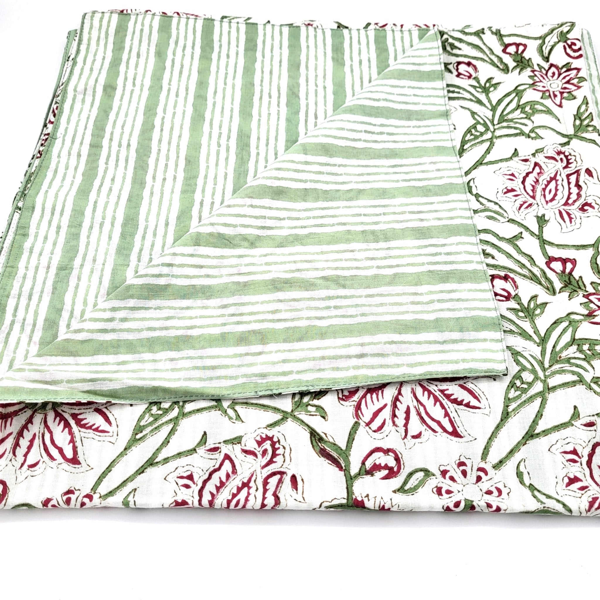 Reversible White Blossom block print cotton table runner with green stripe reverse, 35 x 250 or 40 x 300 cm