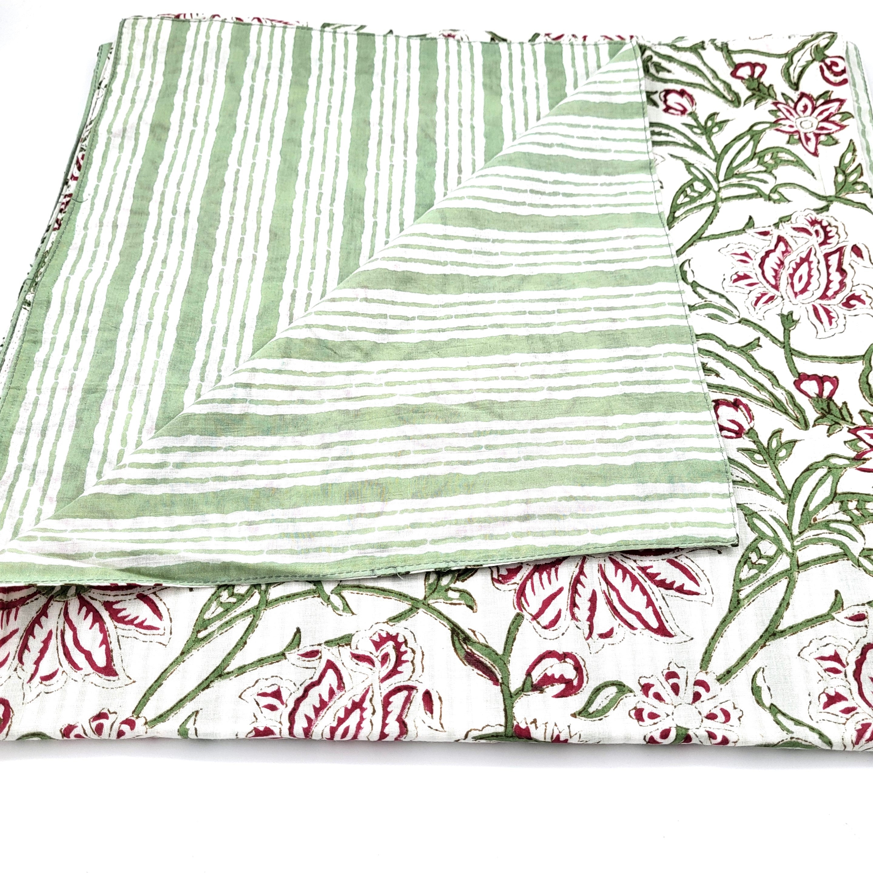 Reversible White Blossom block print cotton table runner with green stripe reverse, 35 x 250 or 40 x 300 cm