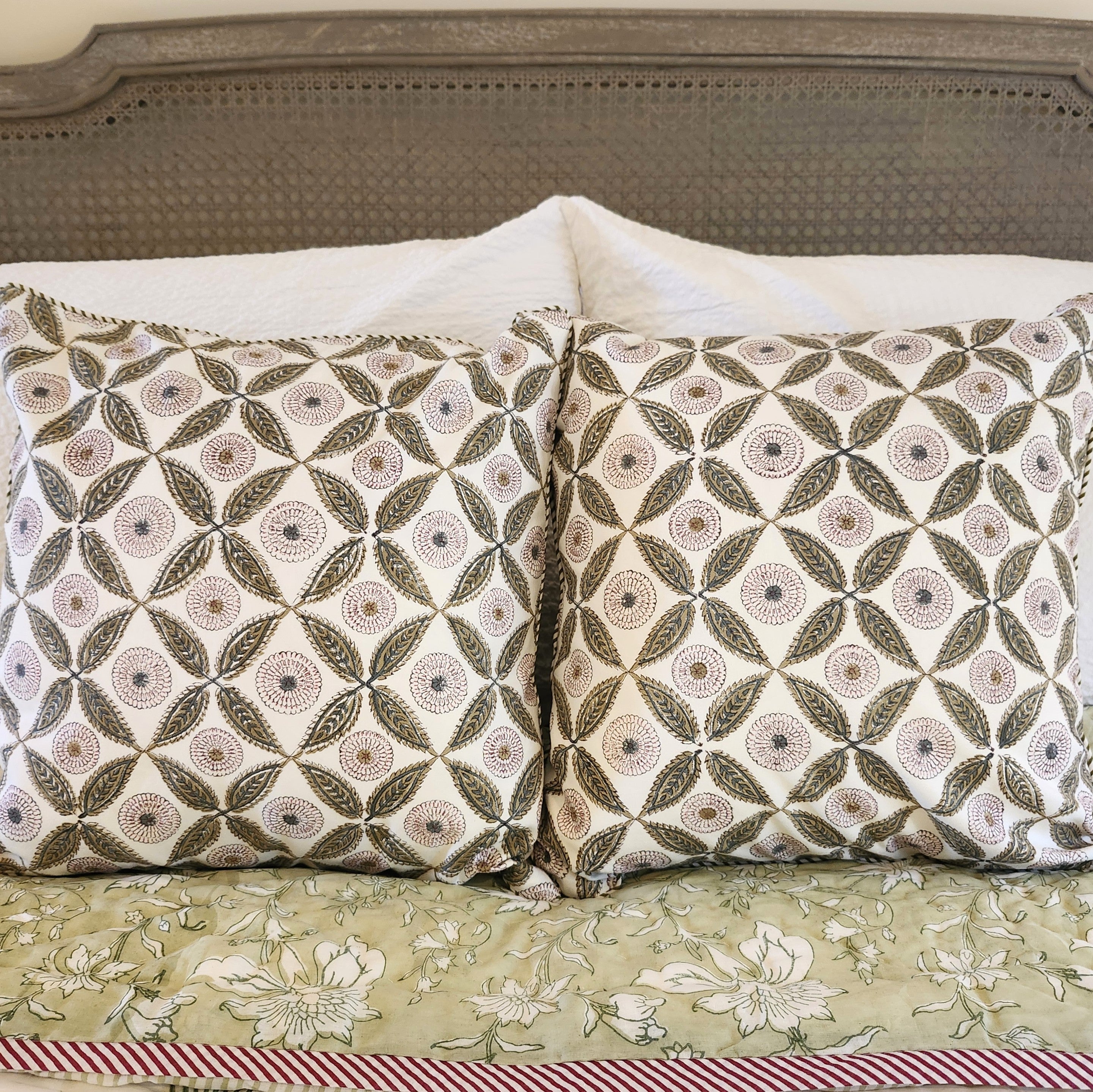 Block printed cotton cushion cover with carnation and leaf trellis, striped piping, 40 x 40 cm, hidden zip