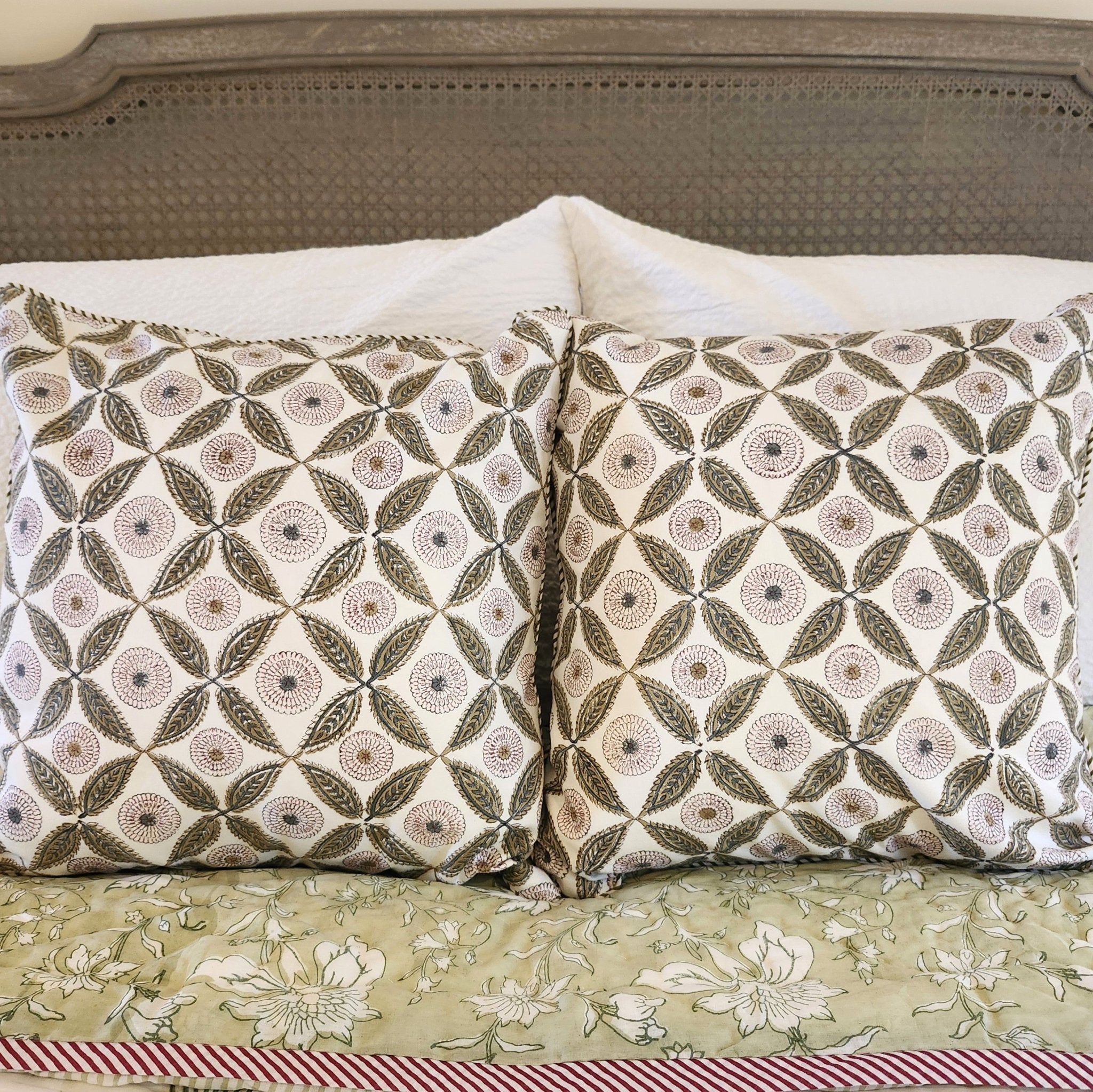 Block printed cotton cushion cover with carnation and leaf trellis, striped piping, 40 x 40 cm, hidden zip