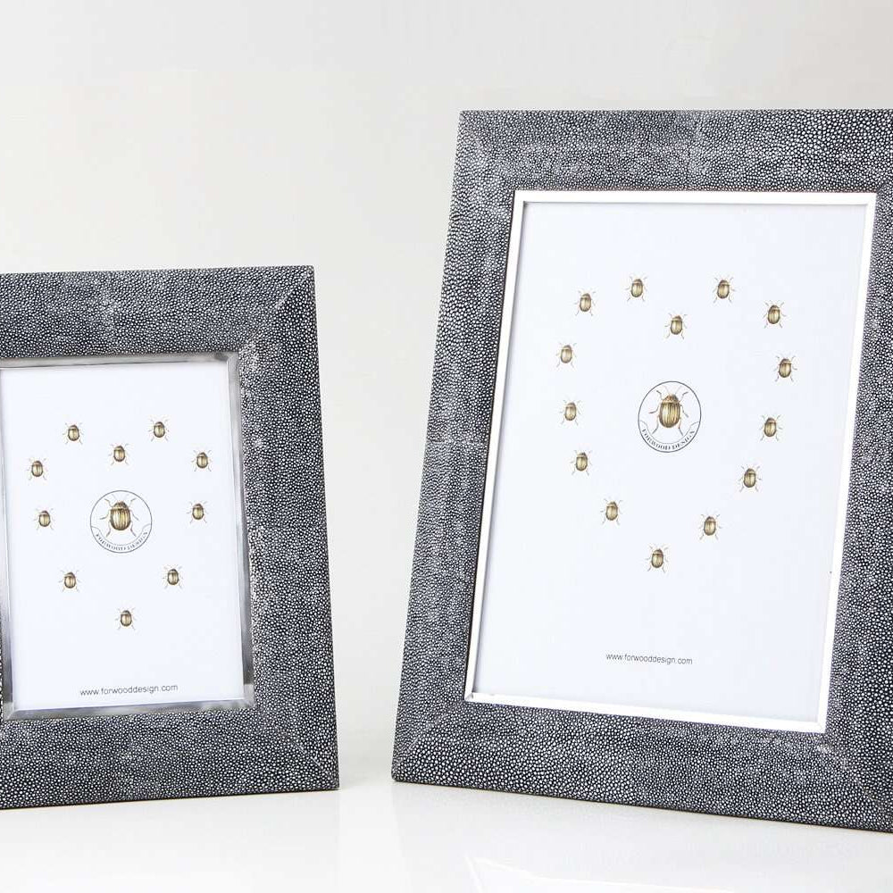 Bella photo frame in charcoal faux shagreen with steel trim and walnut back, fits 5 x 7 or 8 x 10 inch photos