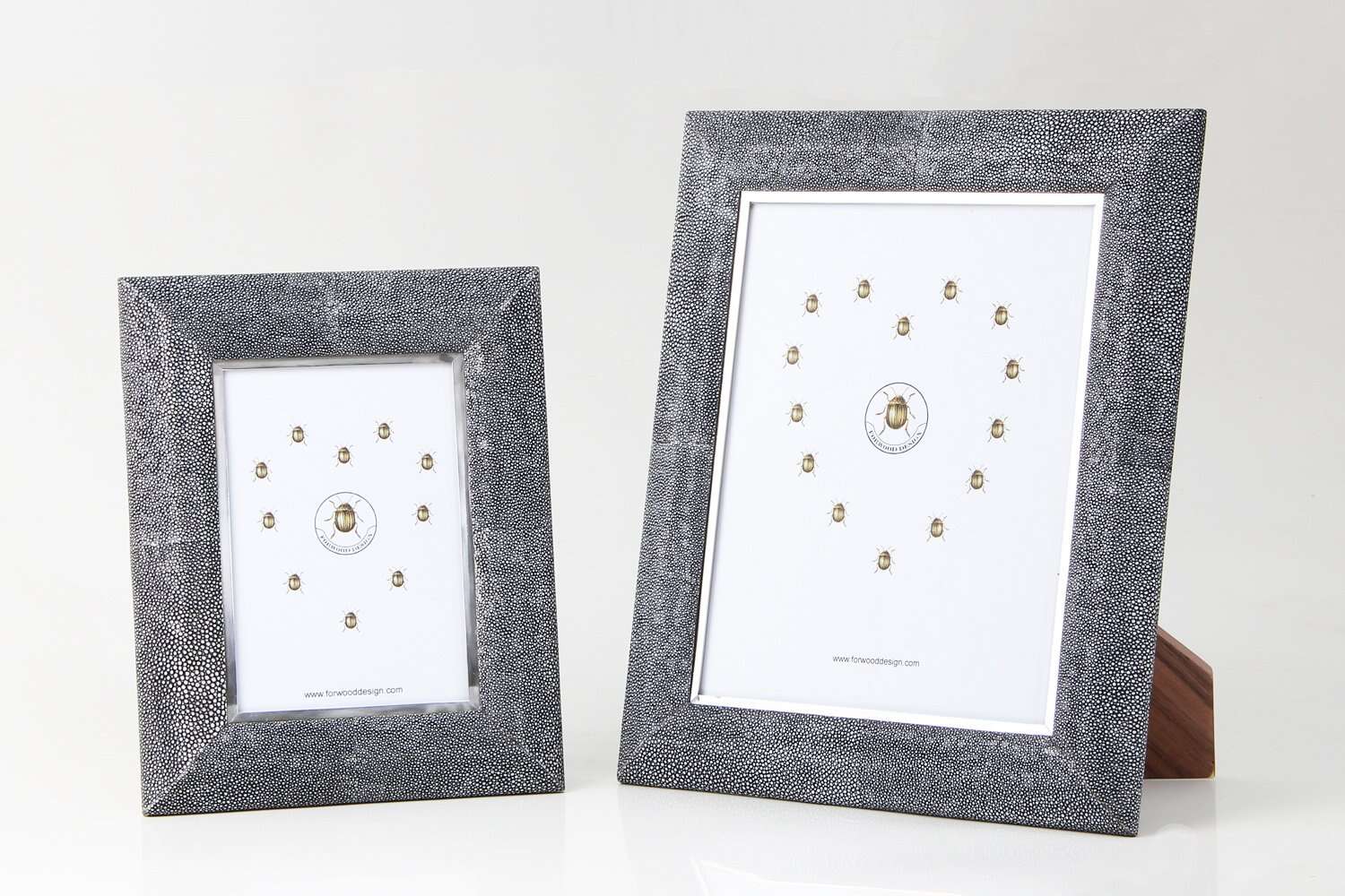 Bella photo frame in charcoal faux shagreen with steel trim and walnut back, fits 5 x 7 or 8 x 10 inch photos