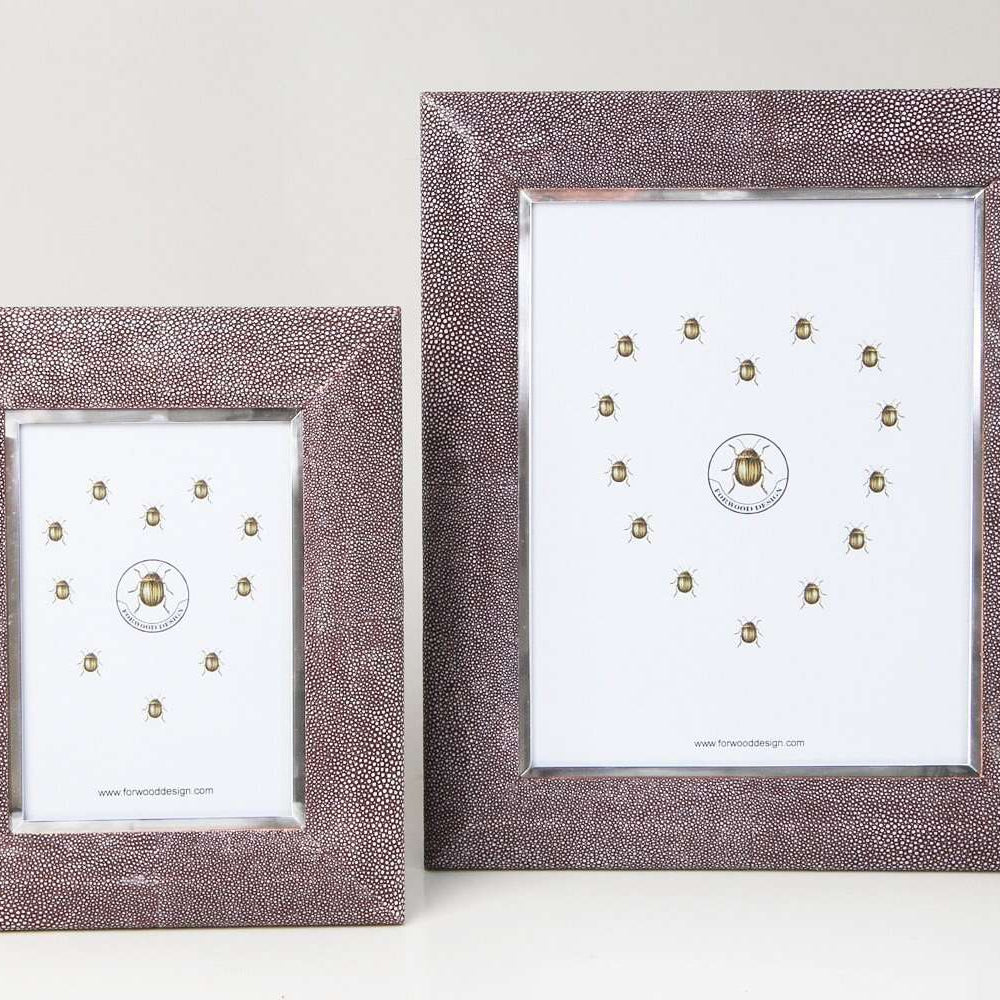 Bella photo frame in mulberry faux shagreen with steel trim and walnut back, fits 5 x 7 or 8 x 10 inch photos