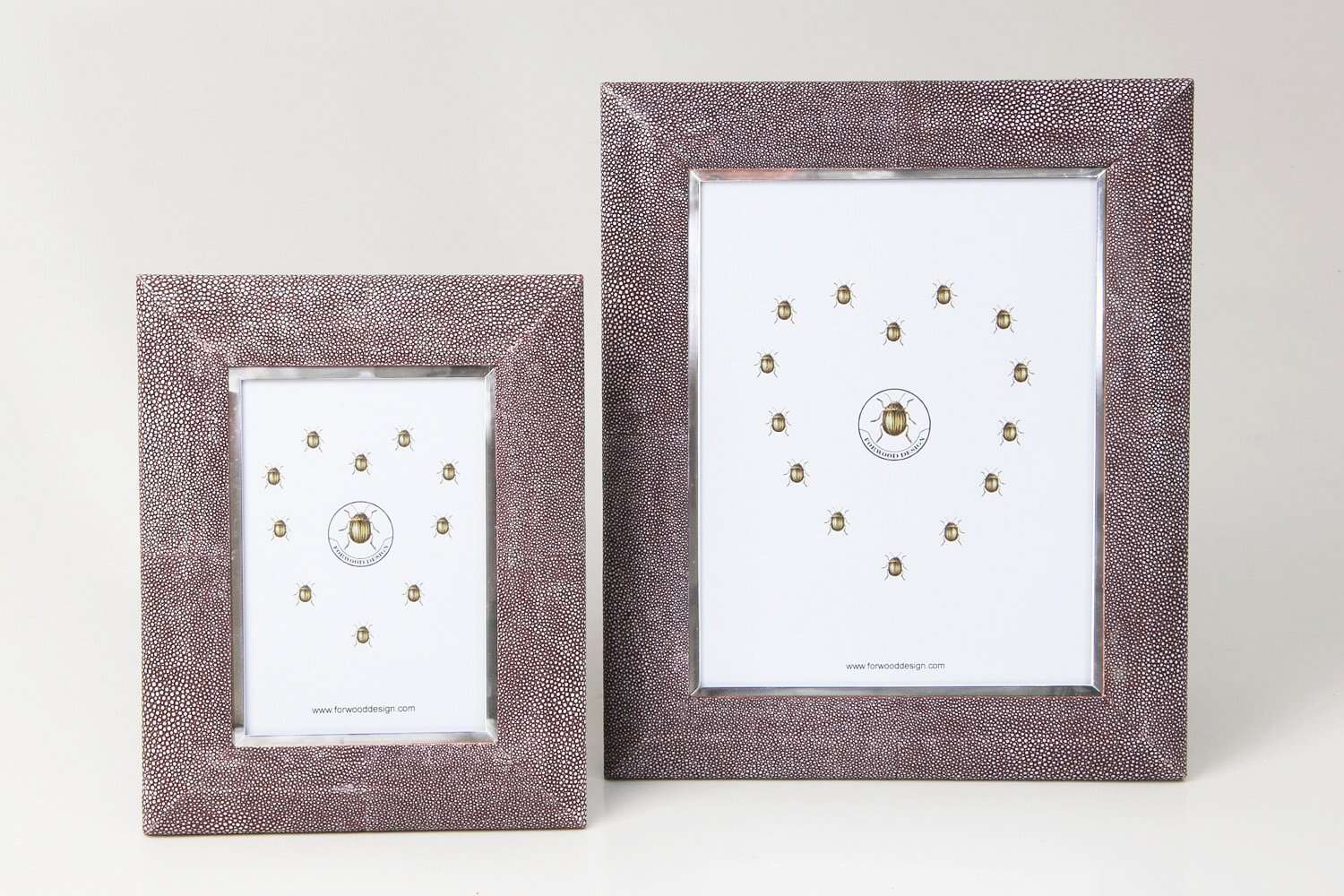 Bella photo frame in mulberry faux shagreen with steel trim and walnut back, fits 5 x 7 or 8 x 10 inch photos