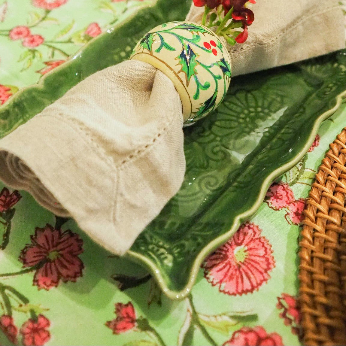Block Print Tablecloth Floral Mint from Inside Living Singapore, tablecloths. Shown styled in a home setting.