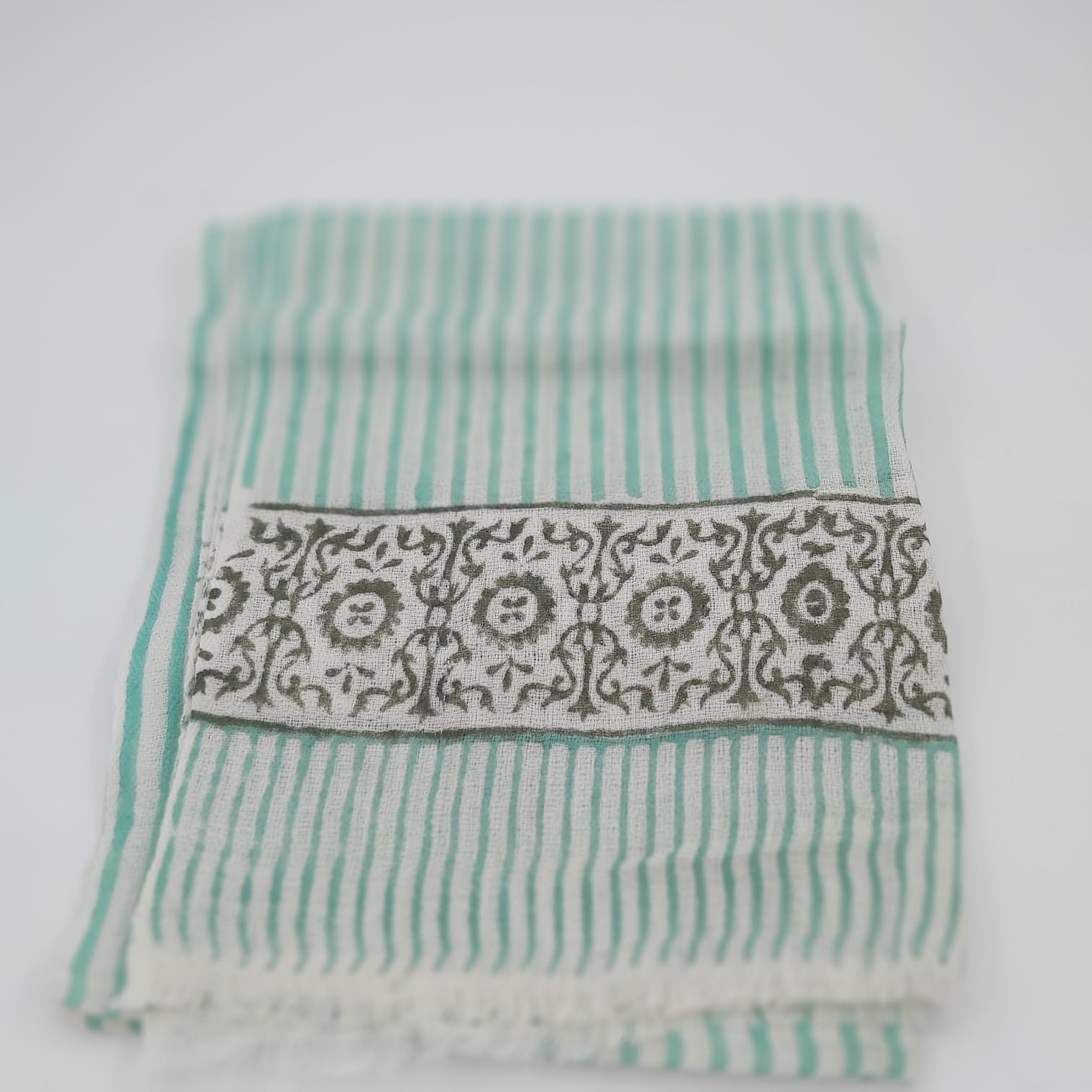 Soft lightweight wool block print scarf with teal stripe, 44 x 84 cm