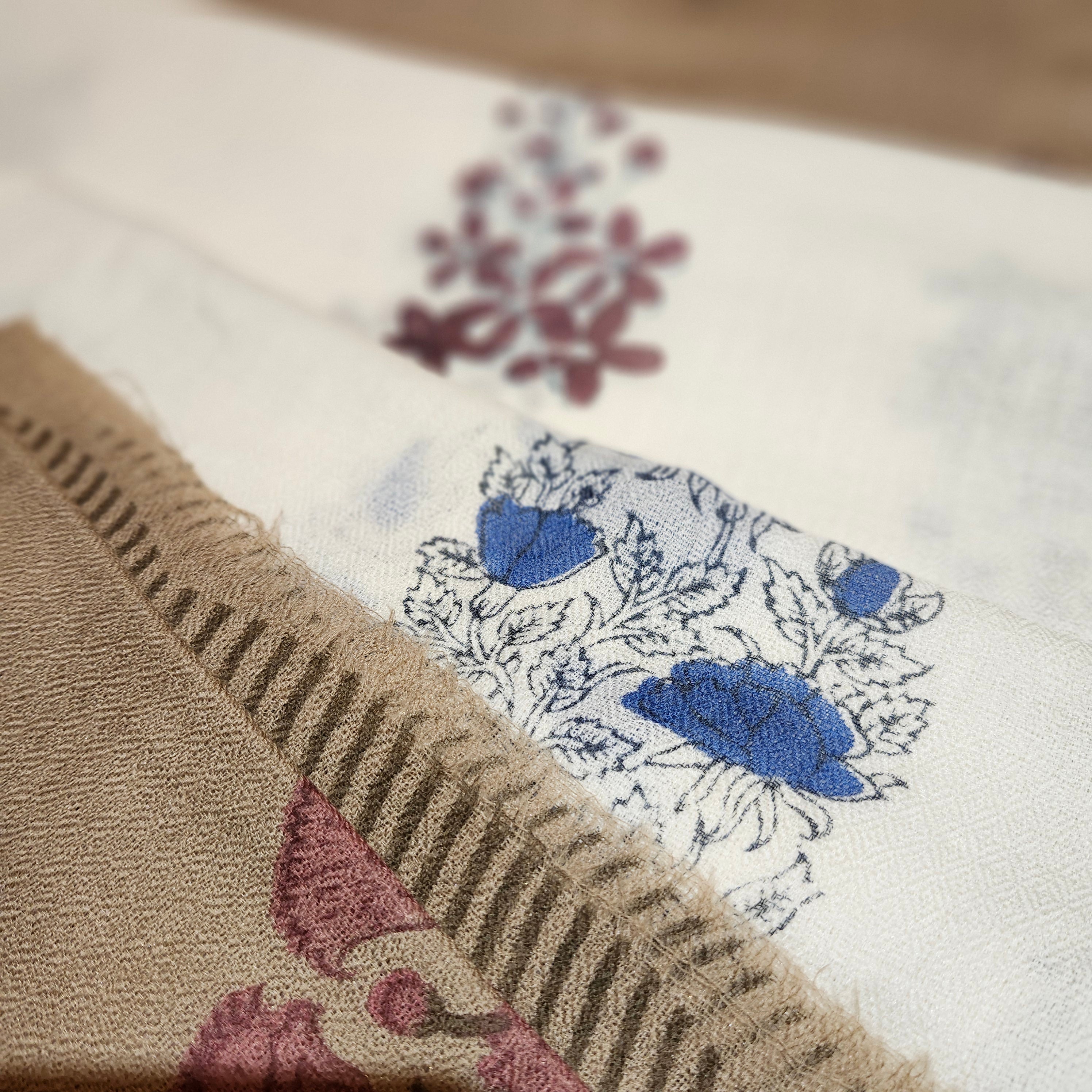 Block printed soft lightweight wool scarf in assorted patterns, 40 x 180 cm, ideal for cool evenings