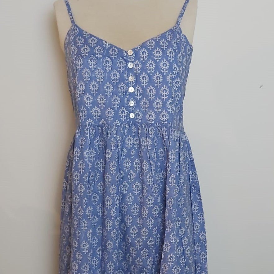 Calf-length floral block print cotton sundress with adjustable straps and elasticated back, one size