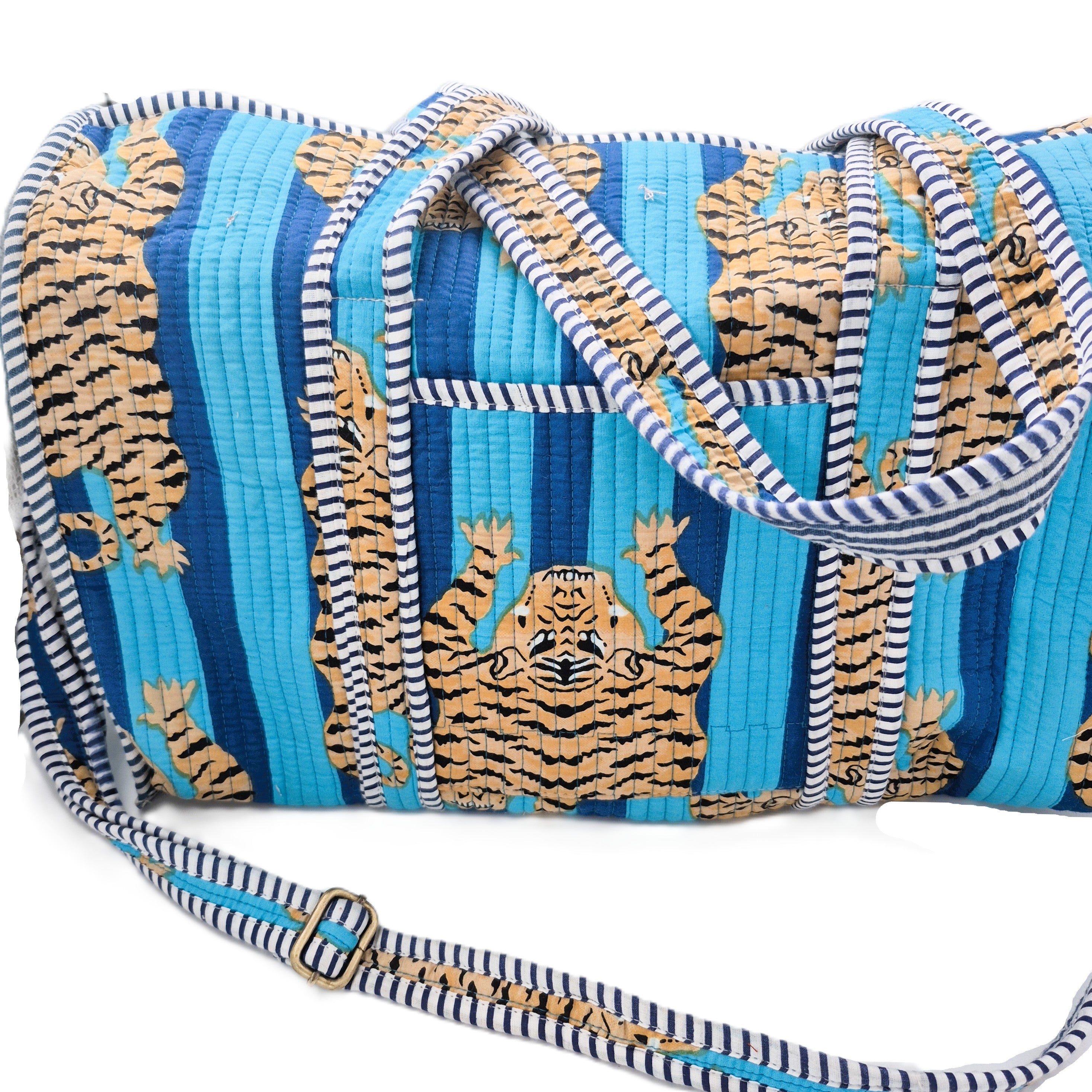 Quilted cotton block print baby changing bag with zip top and inner pocket, 50 x 25 x 22 cm