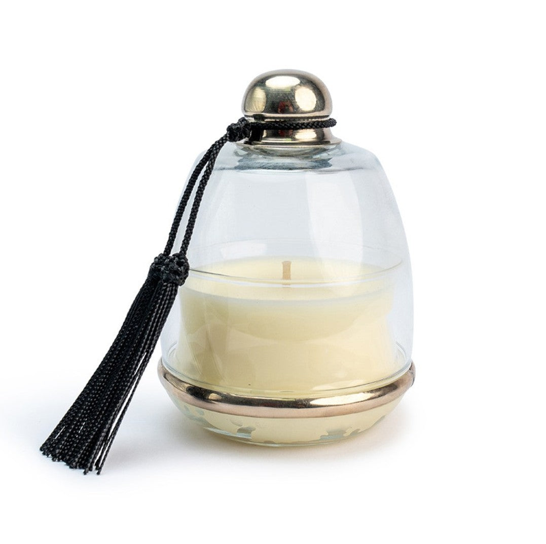 Cedar-scented soy candle under a bell-shaped glass cloche with tasselled knob, 12 cm high, 40 hour burn