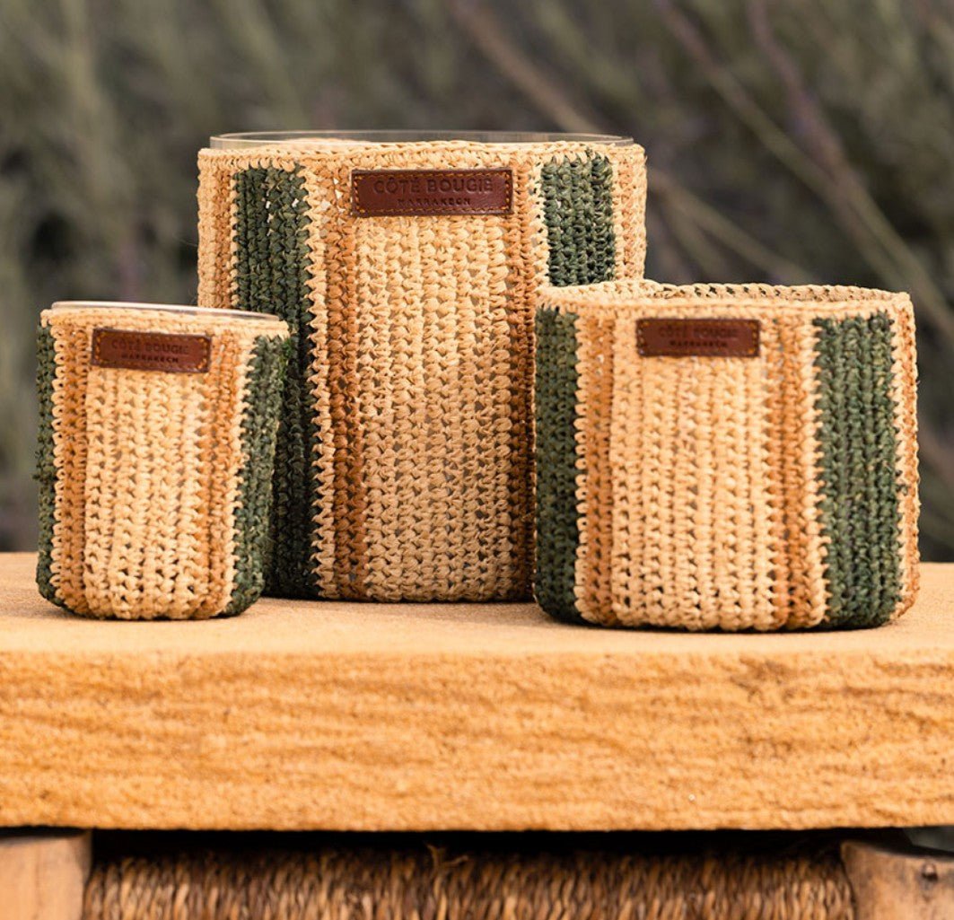 Mint and green tea scented soy candle with a handwoven raffia jar, two sizes, up to 80 hours burn time