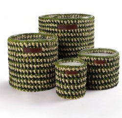 Date and patchouli scented soy candle with a handwoven raphia exterior, three sizes available