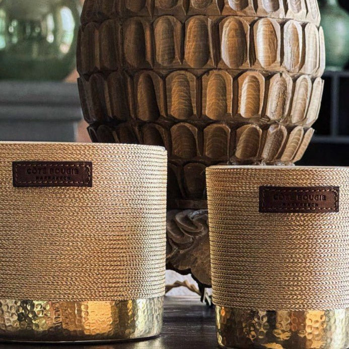 Sabra Gold scented candle wrapped in cactus silk with hammered brass base, pine, cypress and eucalyptus fragrance