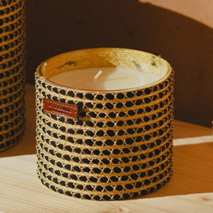 The medium Sabra Rania incense candle, wrapped in black and gold cactus silk crafted by hand in Morocco