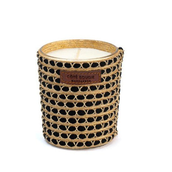 Small incense candle wrapped in black and gold cactus silk, 9 cm high with a single wick, 40 hour burn