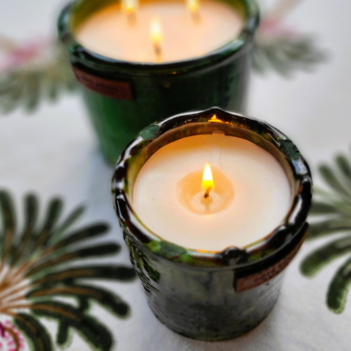 Tamegroute pottery scented candle in green-enamel Moroccan ceramic, soy wax, fresh mint and green tea fragrance